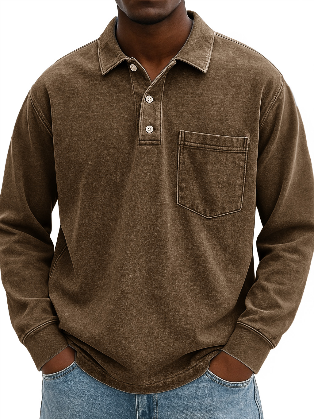 Men's Stylish Vintage Distressed Pocket Lapel Long-sleeved Polo Shirt
