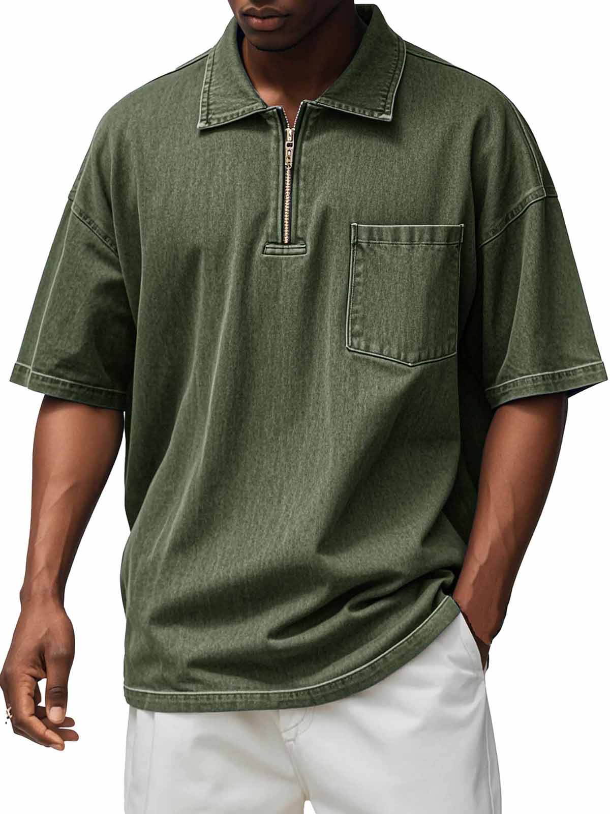 Men's Retro Distressed Zip Pocket Short Sleeve Polo Shirt