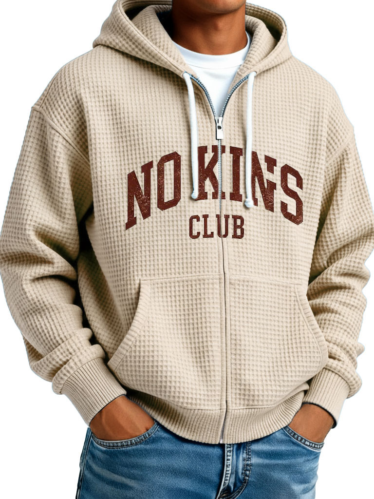 "no Kings" Letter-printed Waffle Fabric Pockets Long-sleeved Hoodie