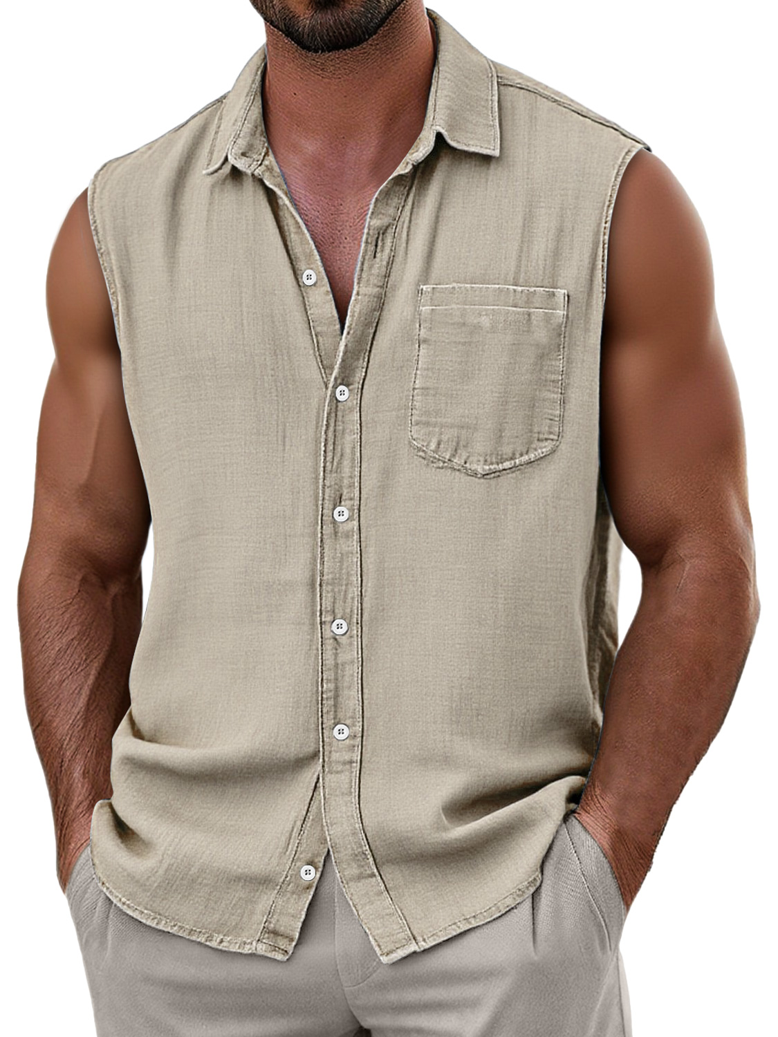 Men's Daily Faux Linen Casual Pocket Comfort Sleeveless Shirt
