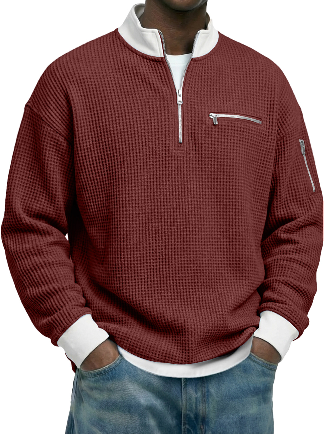 Men's Waffle-knit Stand-collar Color-block Zippered Casual Long-sleeved T-shirt