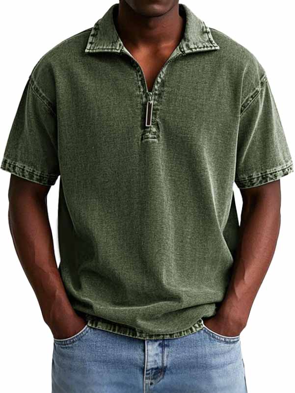 Men's Retro Distressed Zip Short Sleeve Polo Shirt