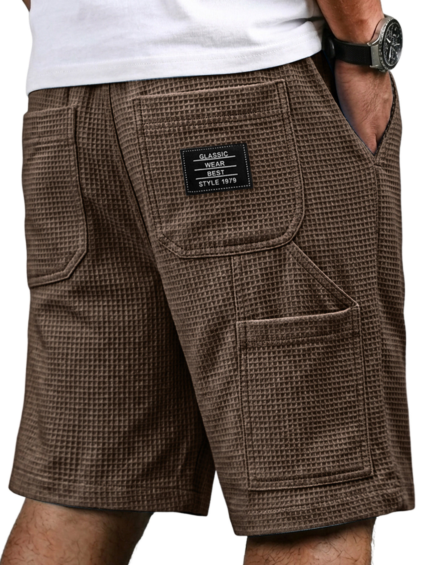 Men's Waffle-patterned Multi-pocket Embroidered Logo Casual Cargo Shorts