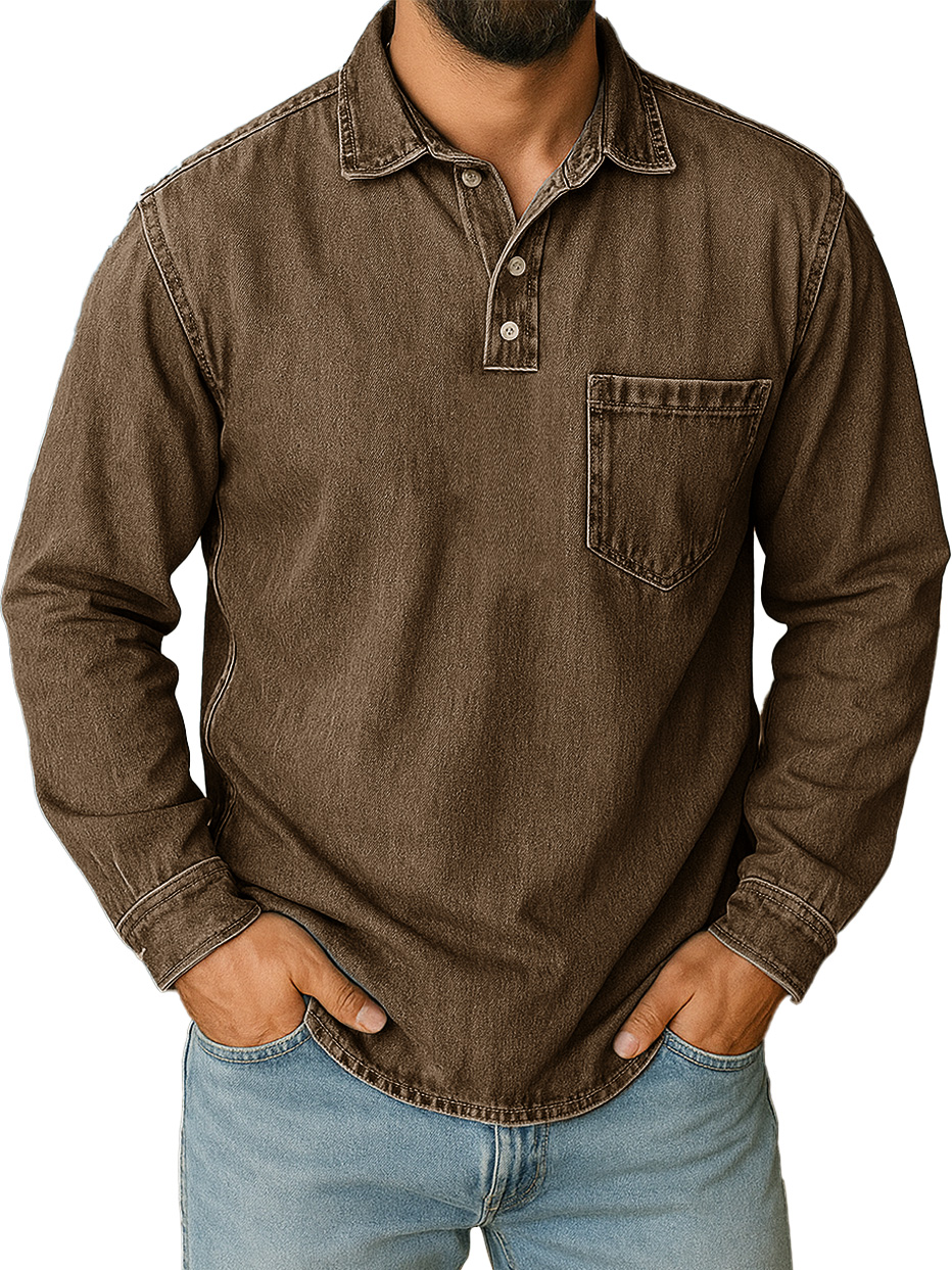 Men's Stylish Vintage Distressed Pocket Lapel Long-sleeved Polo Shirt