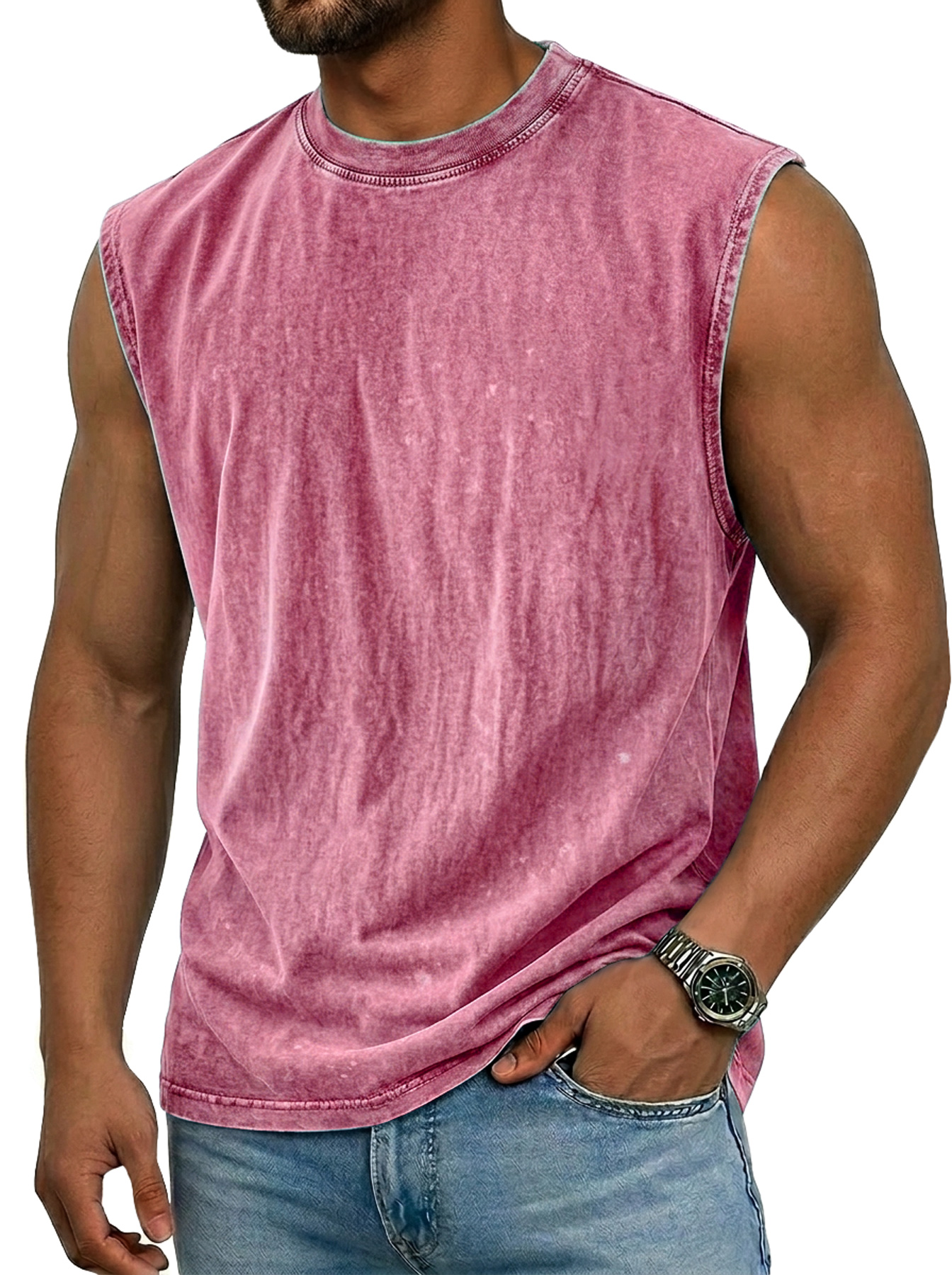 Men's 100% Washed Distressed Crew Neck Casual Sleeveless Vest