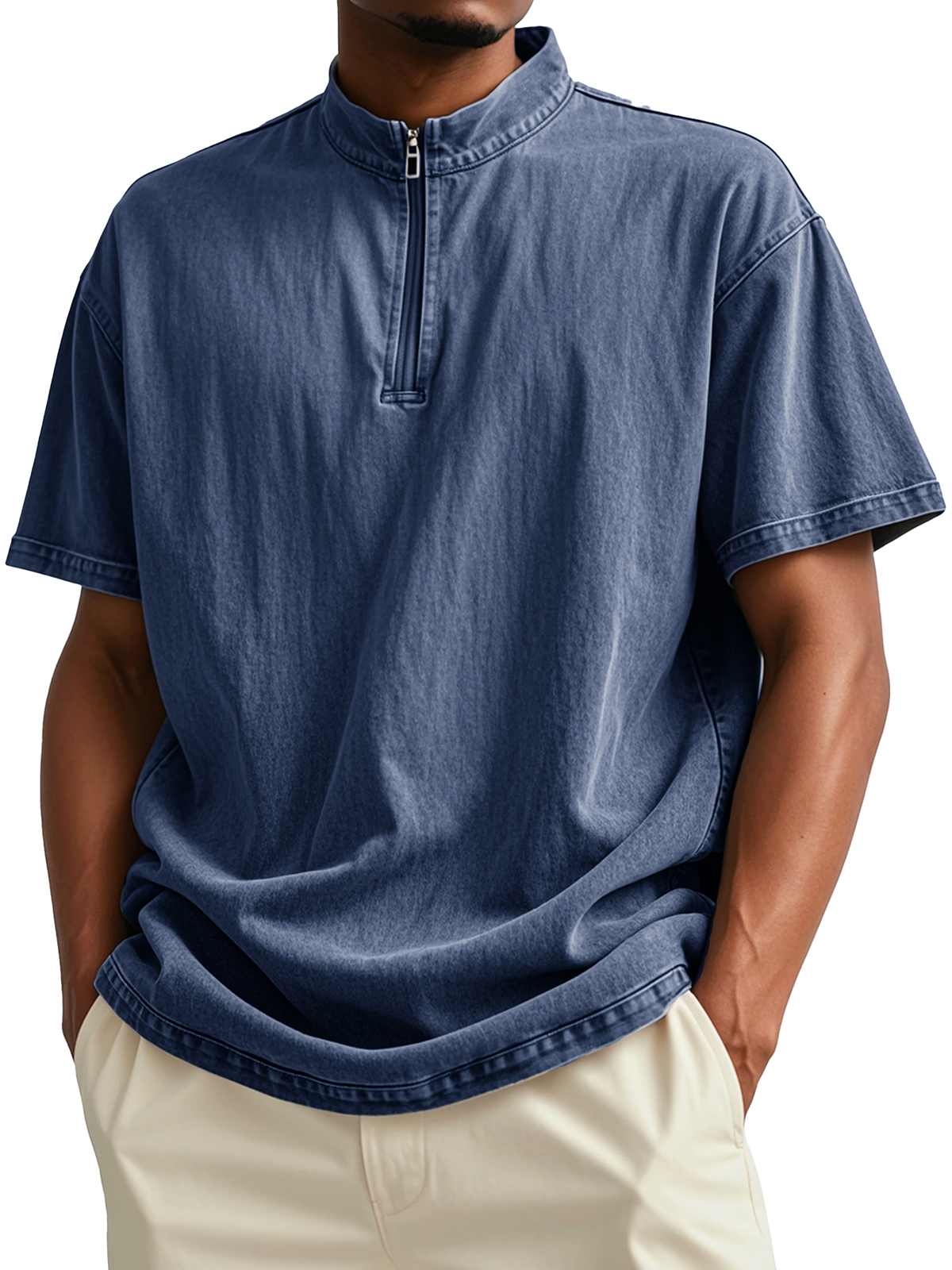 Men's Fashion Retro Distressed Short-sleeved Stand-up Collar Polo Shirt