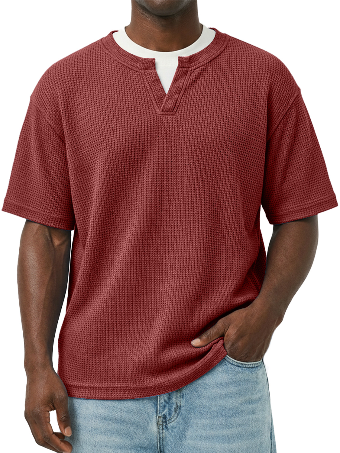 Men's Waffle-knit Double-layered Collar Faux Two-piece Casual Long-sleeved T-shirt