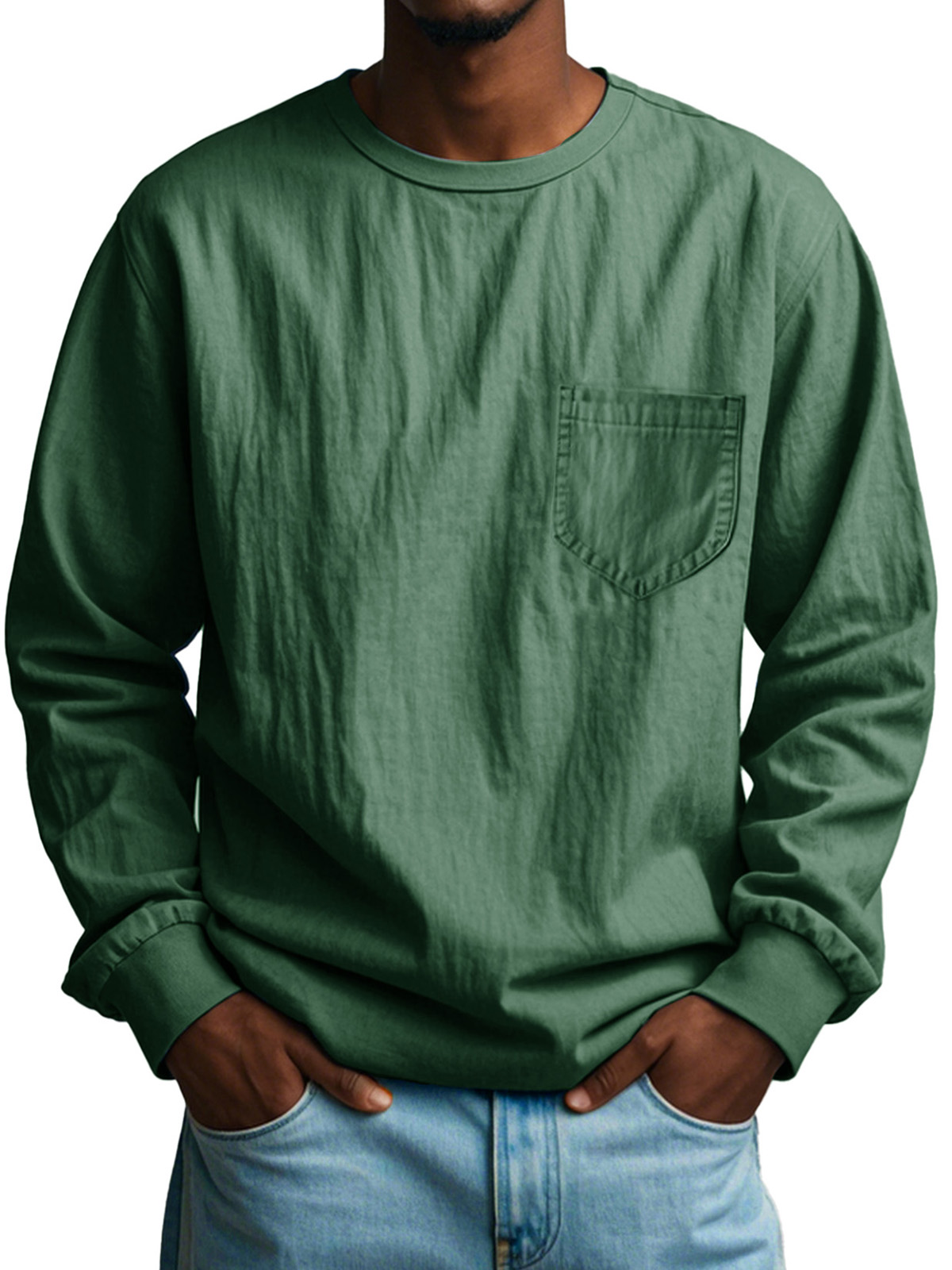 Men's Fashion Casual Pleated Round Neck Long Sleeve Pocket T-Shirt