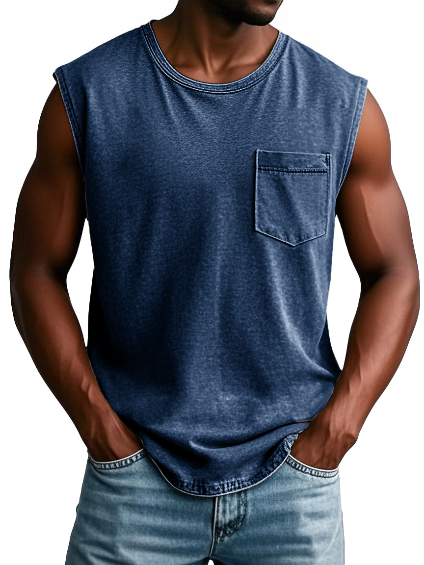 Men's Fashion Retro Round Neck Sleeveless Pocket T-shirt