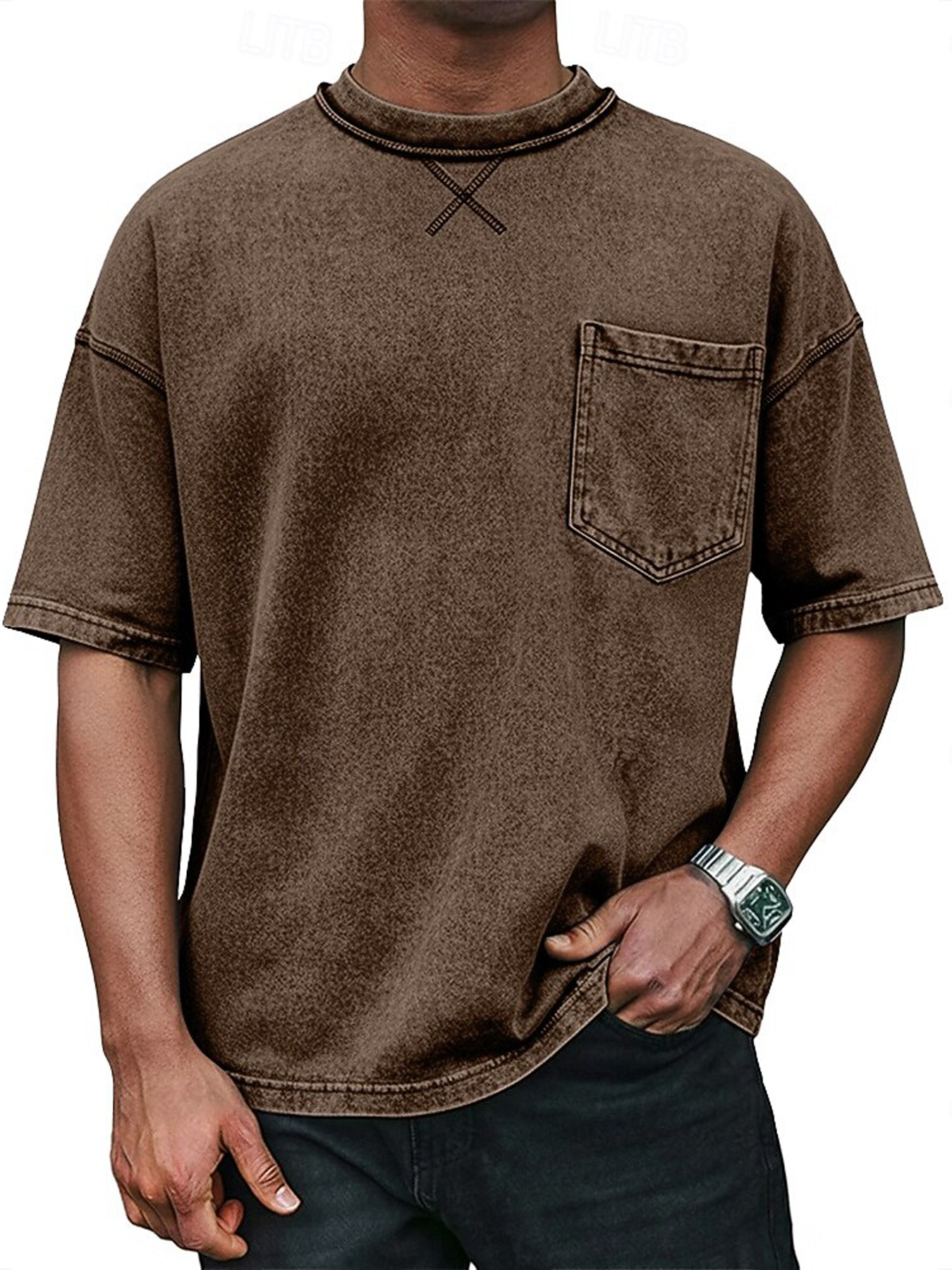 Men's Retro Crew Neck Crossover Design Casual Pocket Short-Sleeve T-Shirt