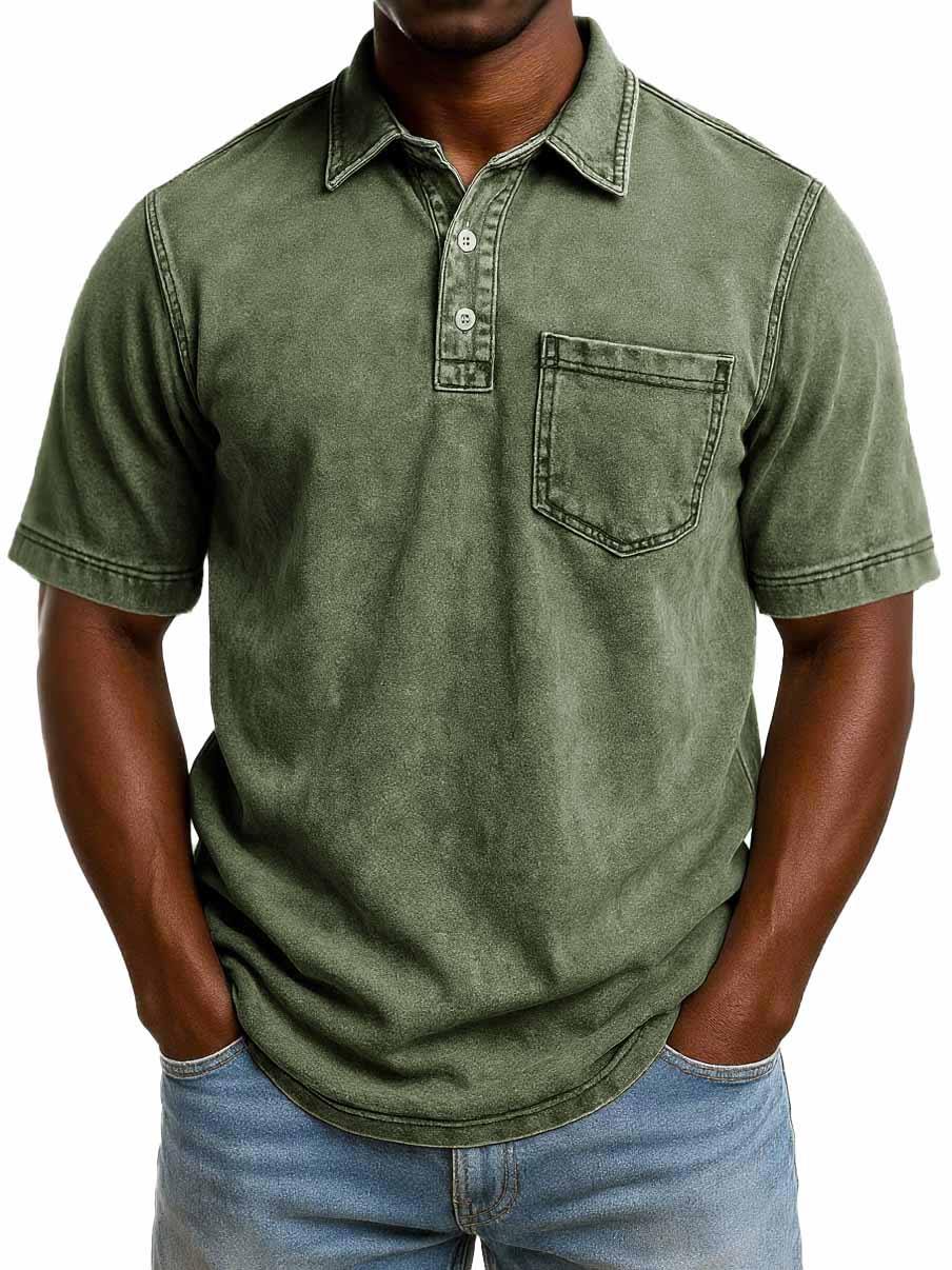 Men's Fashion Casual Retro Washed Short-sleeved Lapel Pocket Polo Shirt