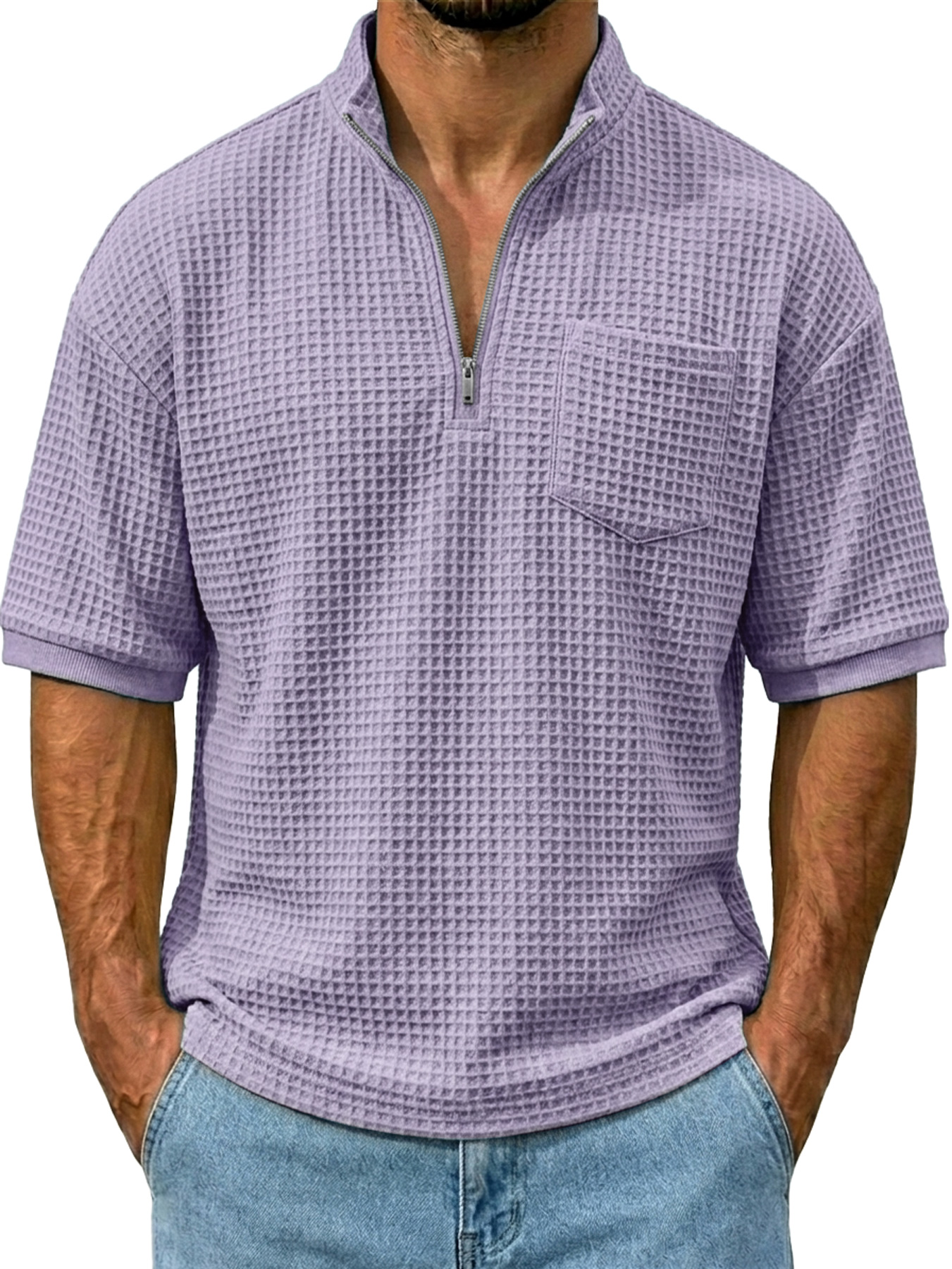 Men's Waffle Stand Collar Zipper Casual Pocket Short-sleeve T-shirt