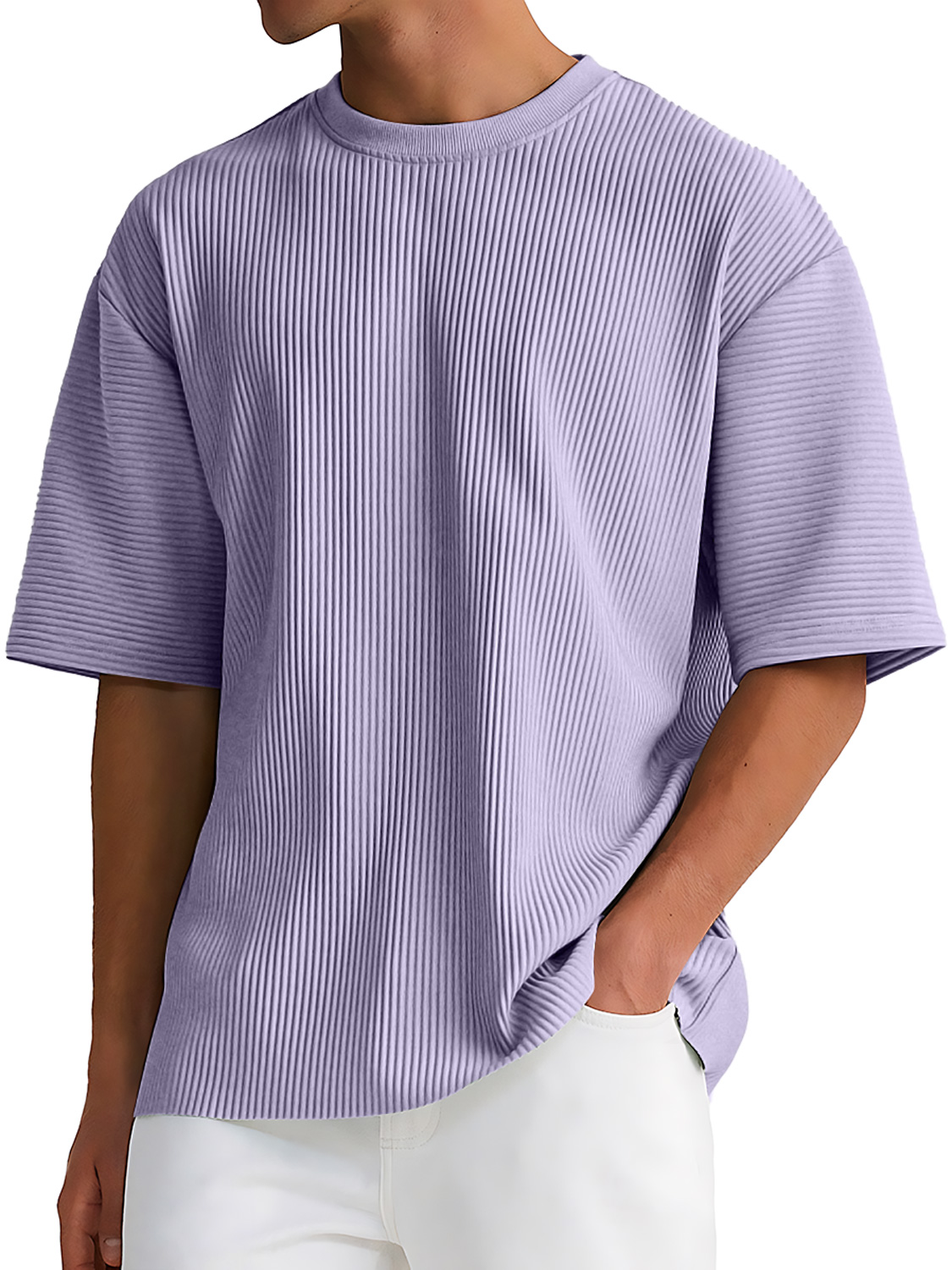 Men's Daily Round Neck Ribbed Texture Casual Solid Color Short-sleeved T-shirt