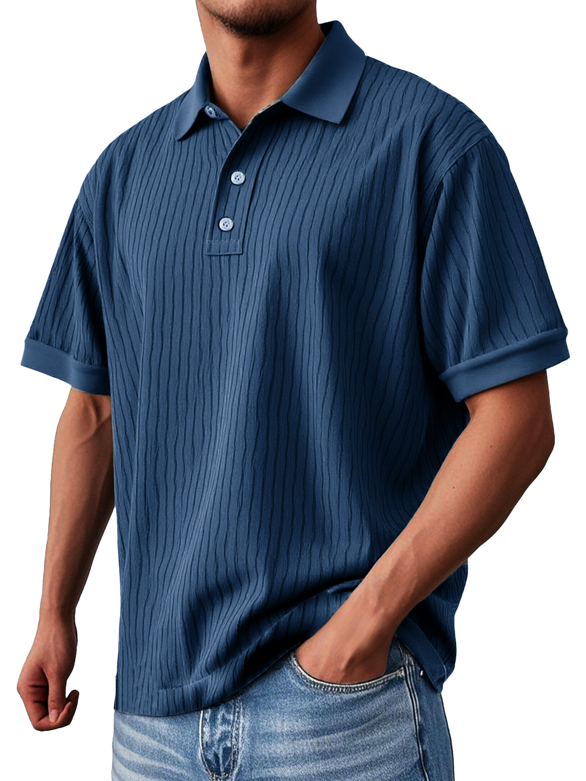 Men's Fashion Daily Textured Fabric Loose Pocket Lapel Polo Shirt