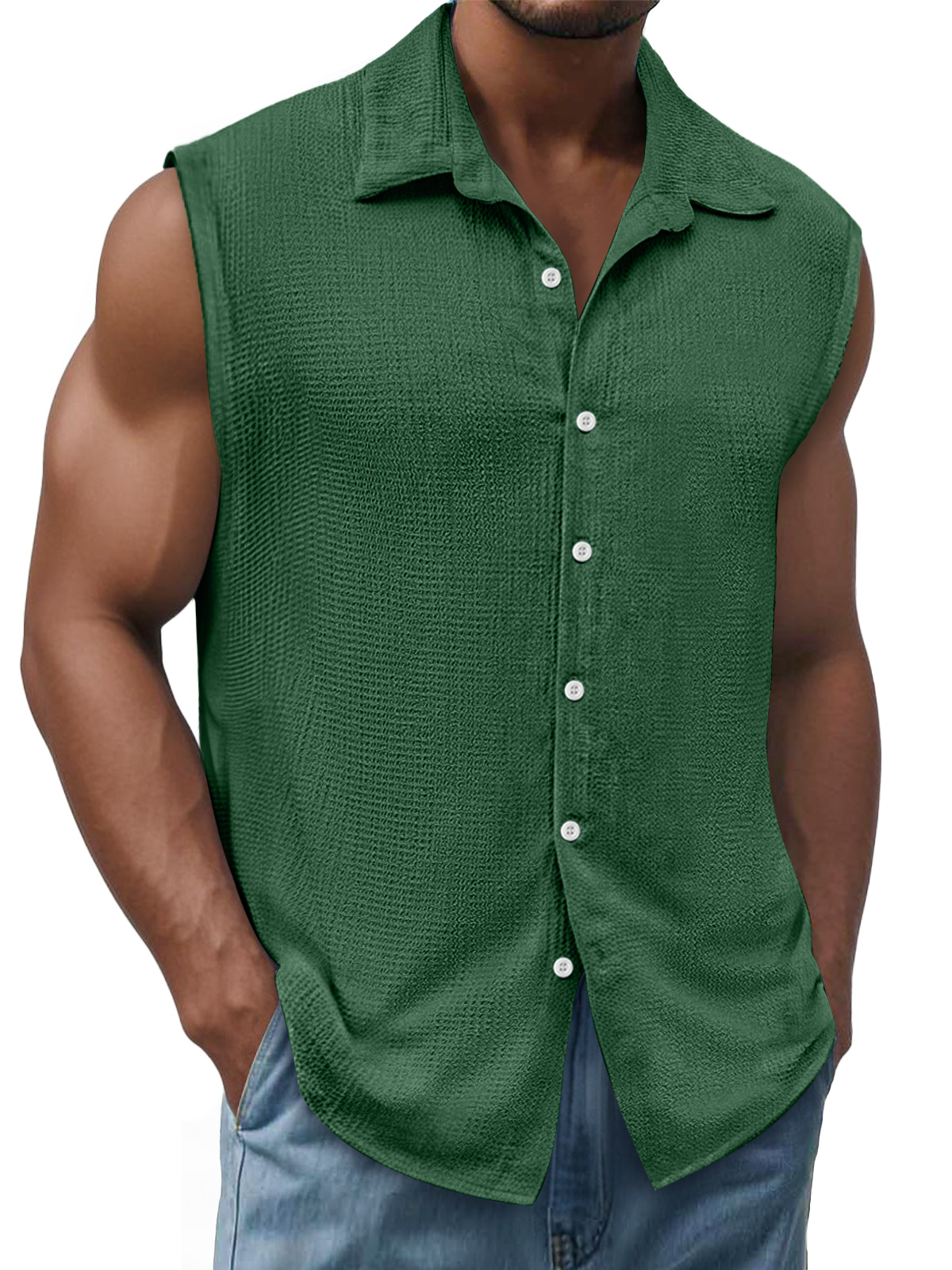 Men's Daily Texture Casual Lapel Solid Color Sleeveless Shirt