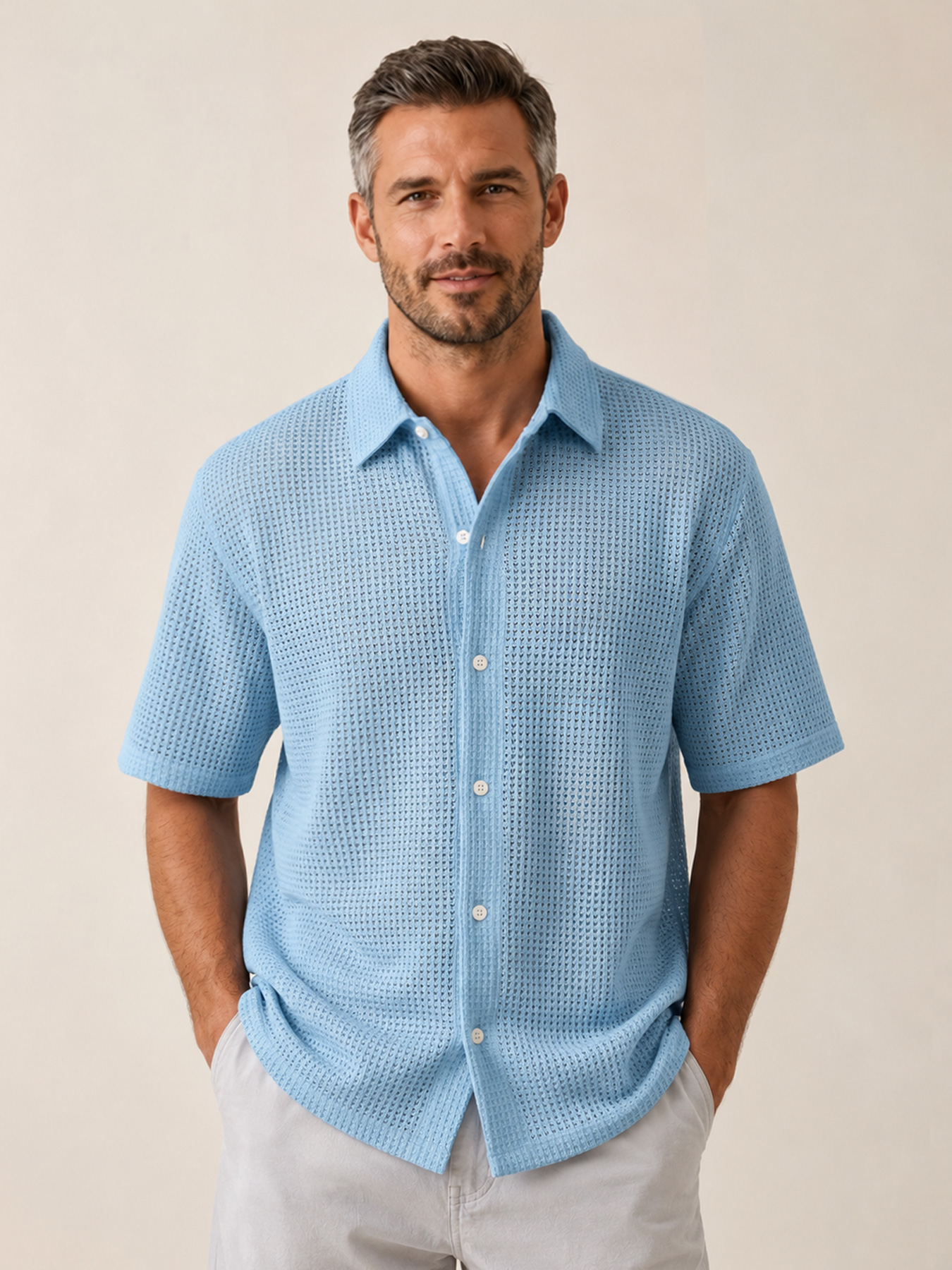 Men's Solid-Color Waffle-Knit Casual Short-Sleeve Shirt