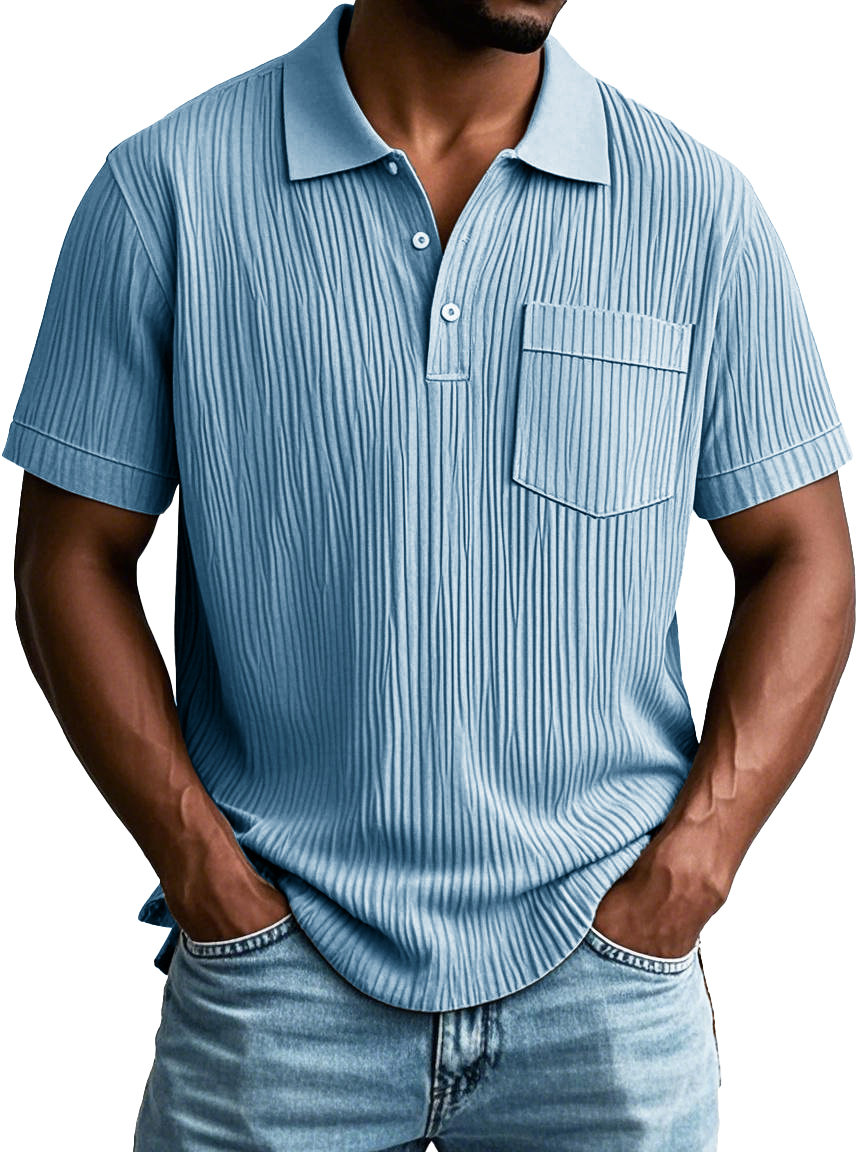 Men's Fashion Casual Striped Fabric Pocket Short Sleeve Lapel Polo Shirt