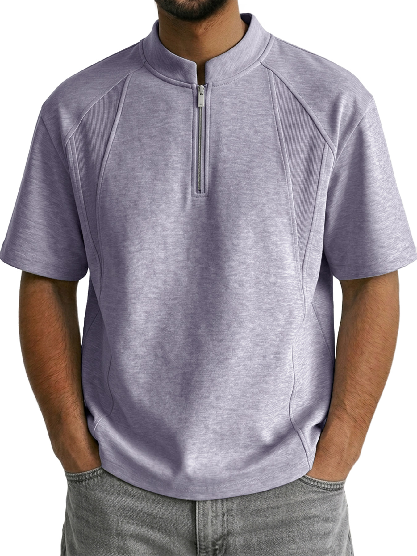 Men's Stand Collar Zipper Deconstructed Casual Short-Sleeve T-Shirt