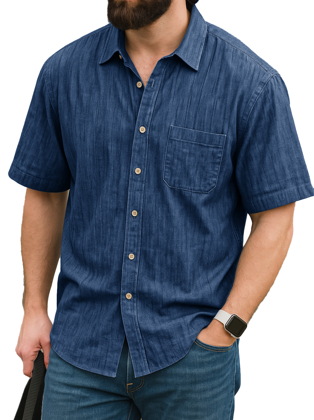 Men's Fashion Daily Linen Fabric Pocket Short-sleeved Lapel Shirt