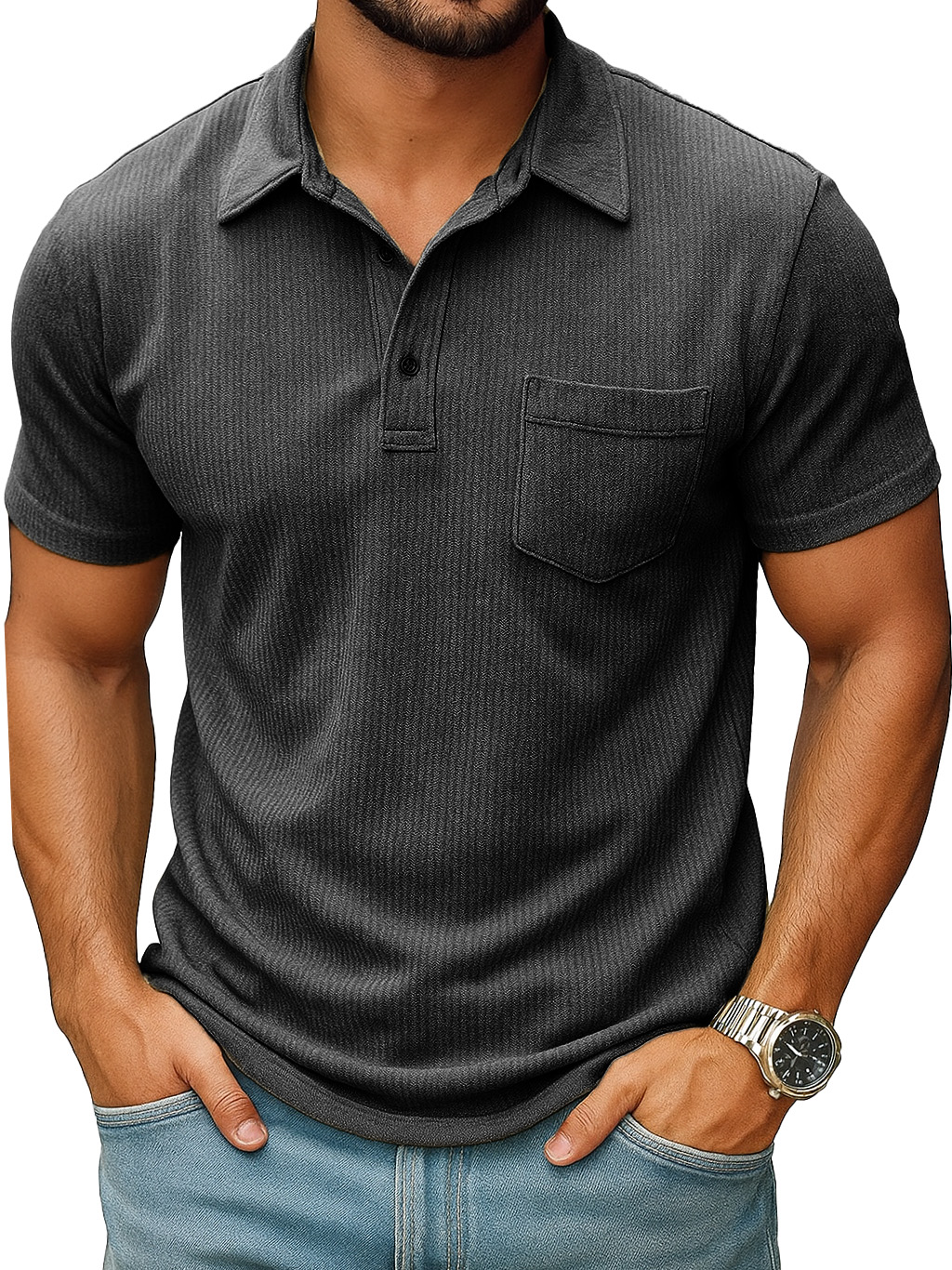 Men's Fashion Casual Ribbed Fabric Pocket Short-sleeved Lapel Polo Shirt