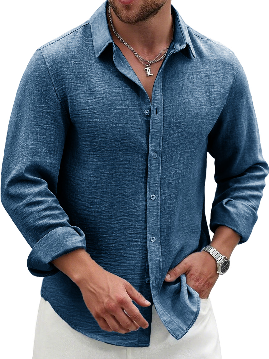 Men's Fashion Casual Pleated Fabric Lapel Long-sleeved Shirt