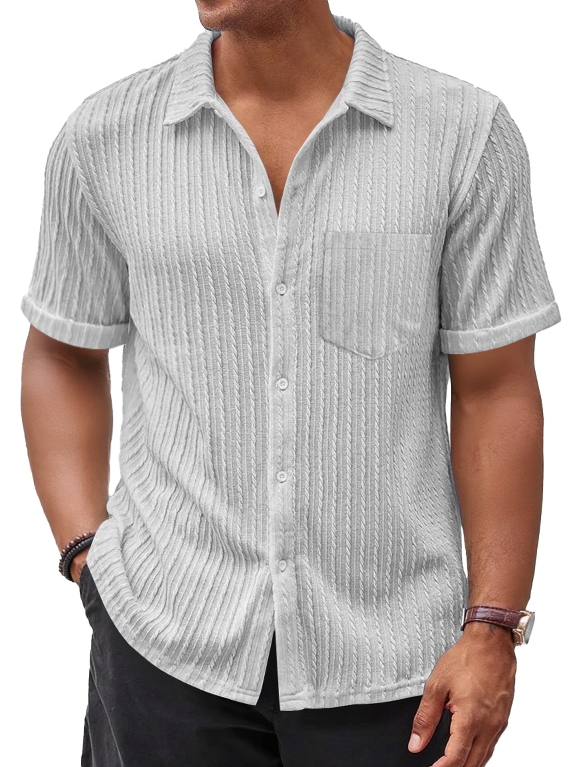 Men's Daily Casual Jacquard Texture Pocket Solid Color Comfortable Short-sleeved Shirt
