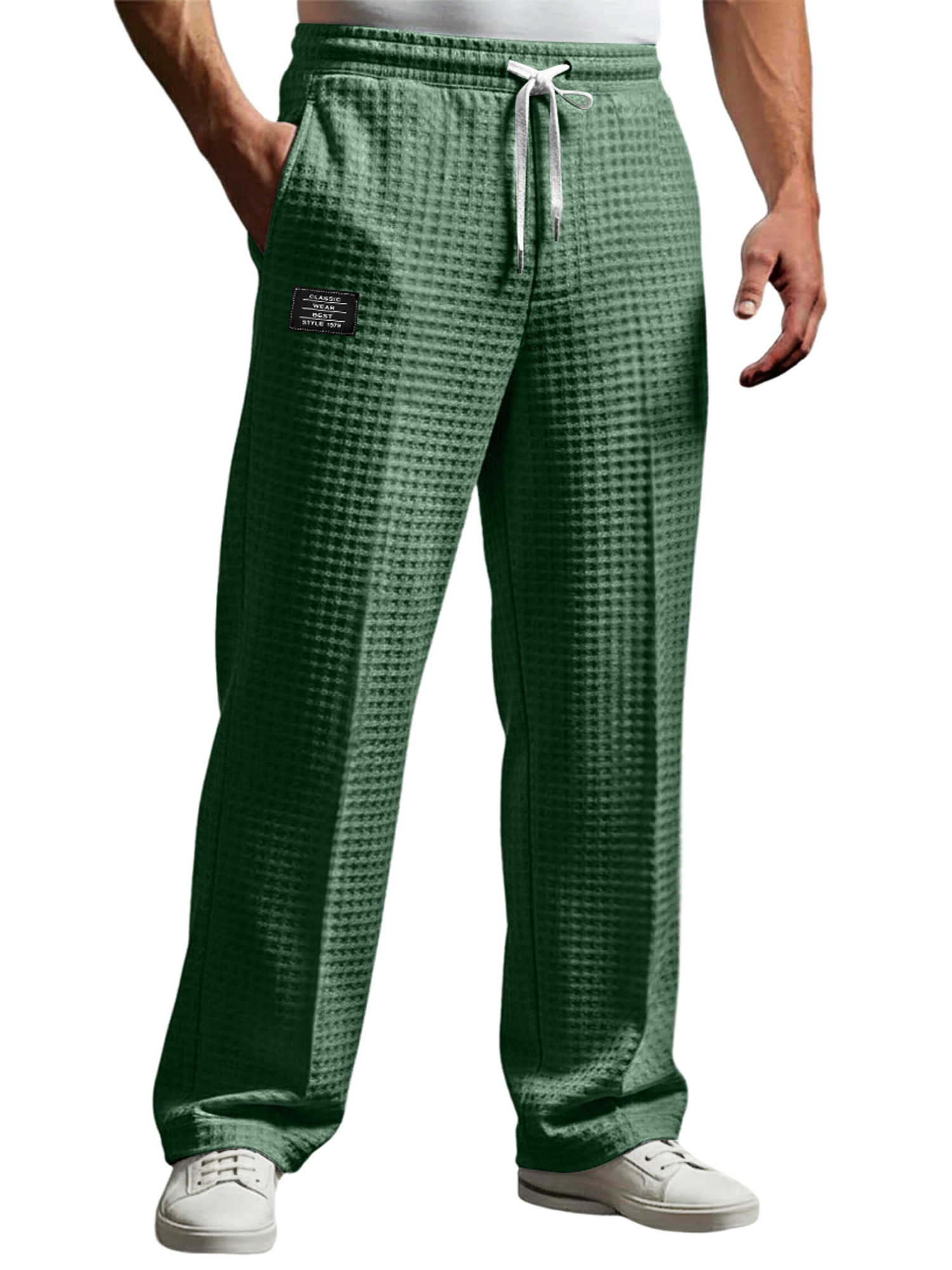 Men's Waffle Embroidered Logo Casual Loose Trousers