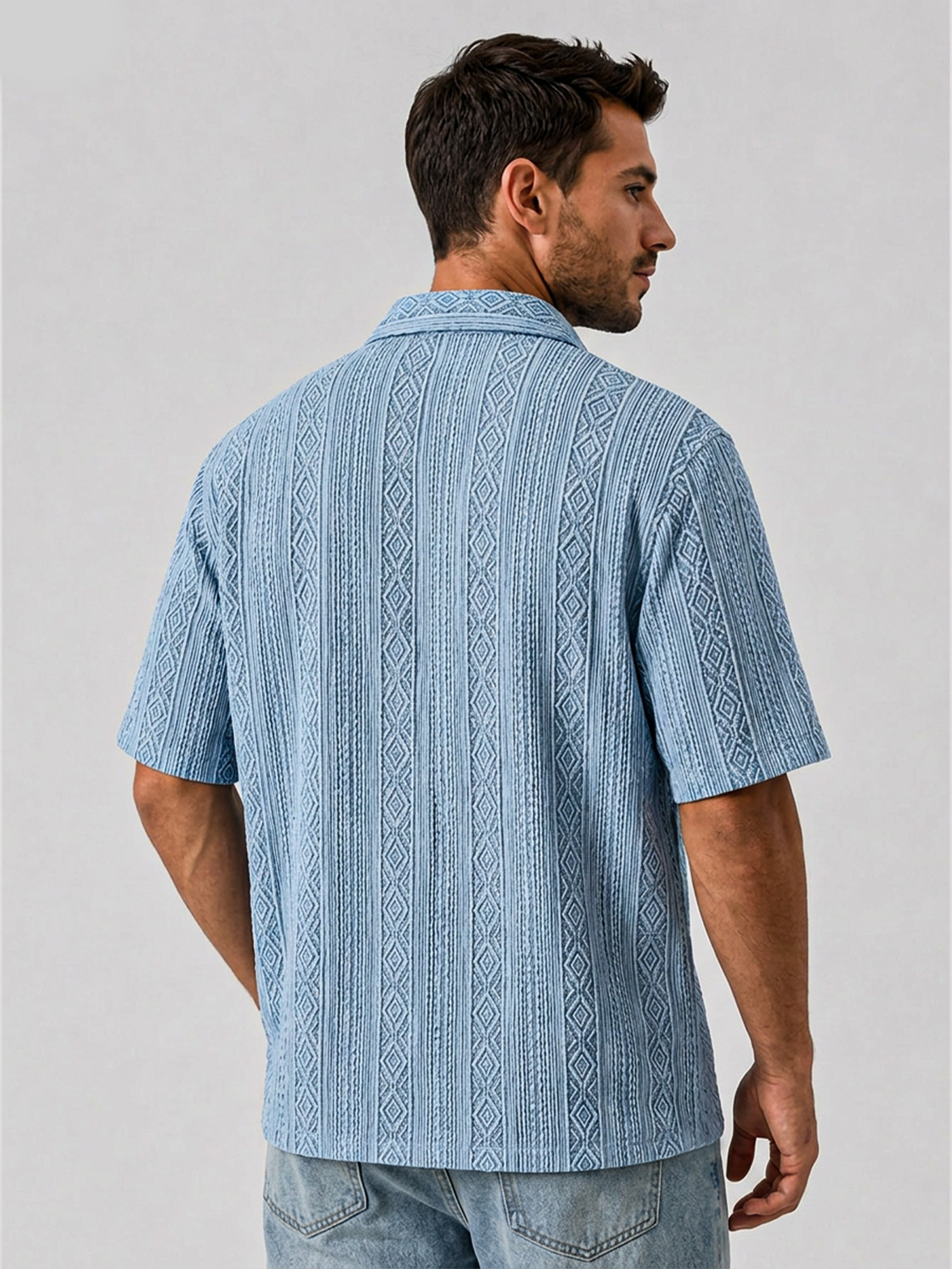 Men's Solid-Color Short-Sleeve Casual Shirt with Jacquard Texture