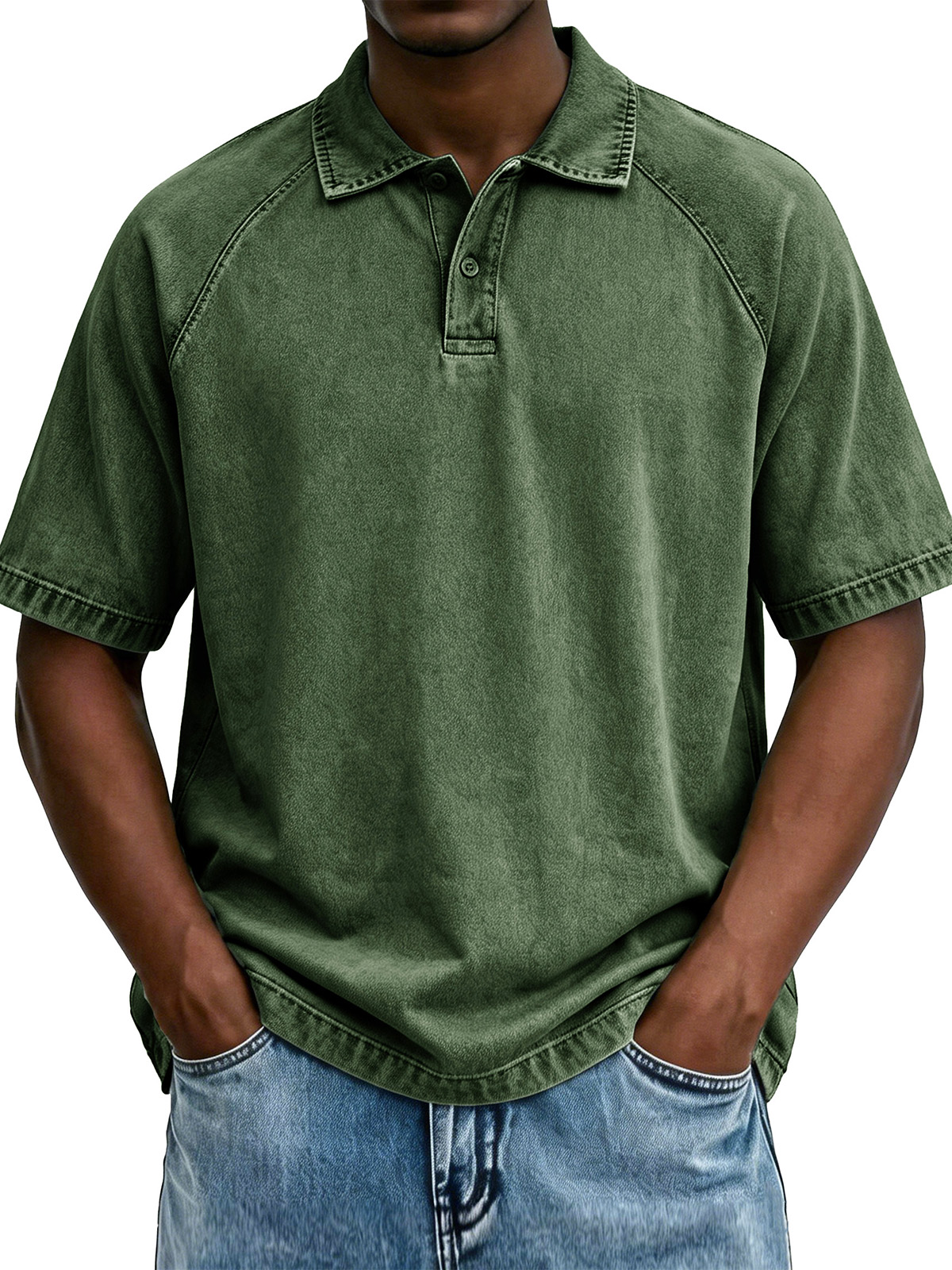 Men's Fashionable Raglan Distressed Collared Loose Short-Sleeve Polo Shirt