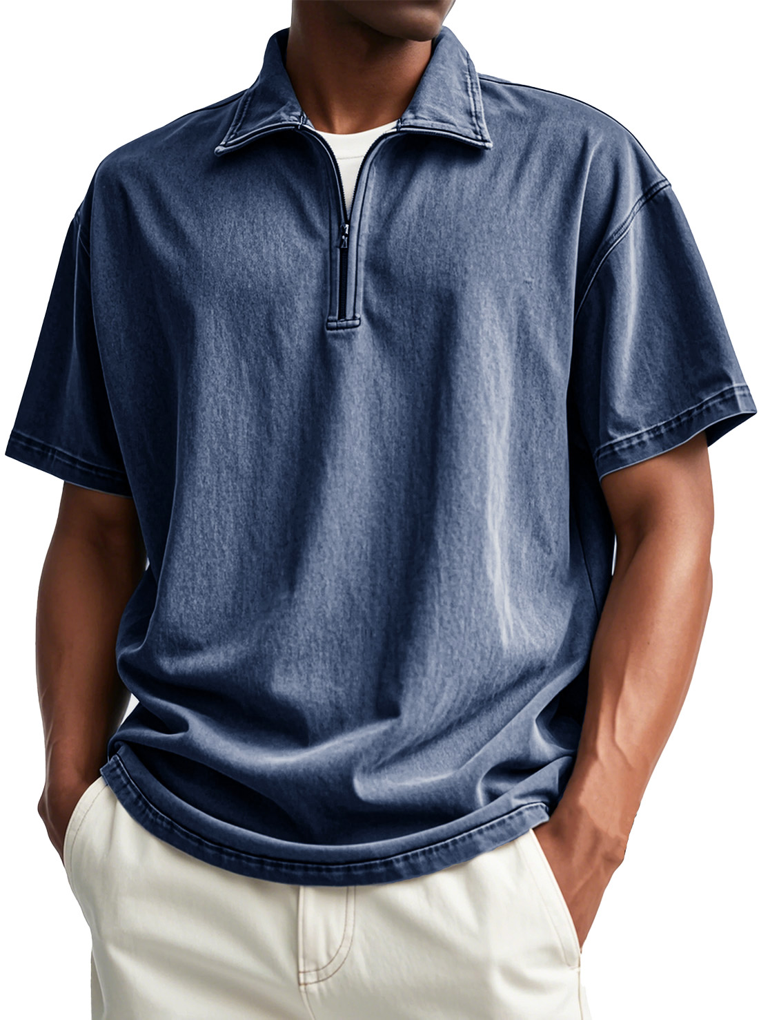Men's Fashion Retro Distressed Short Sleeve Stand Collar Zip Polo Shirt