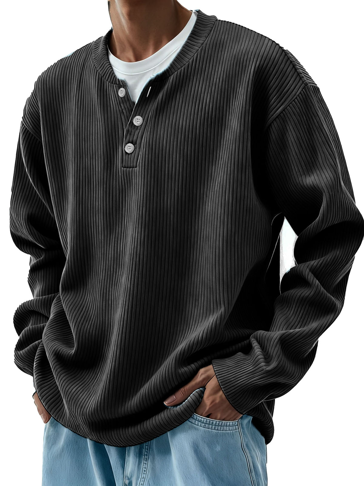 Men's Clothing Fashionable Casual Pit Strip Fabric Three-button Long-sleeved Henry Shirt