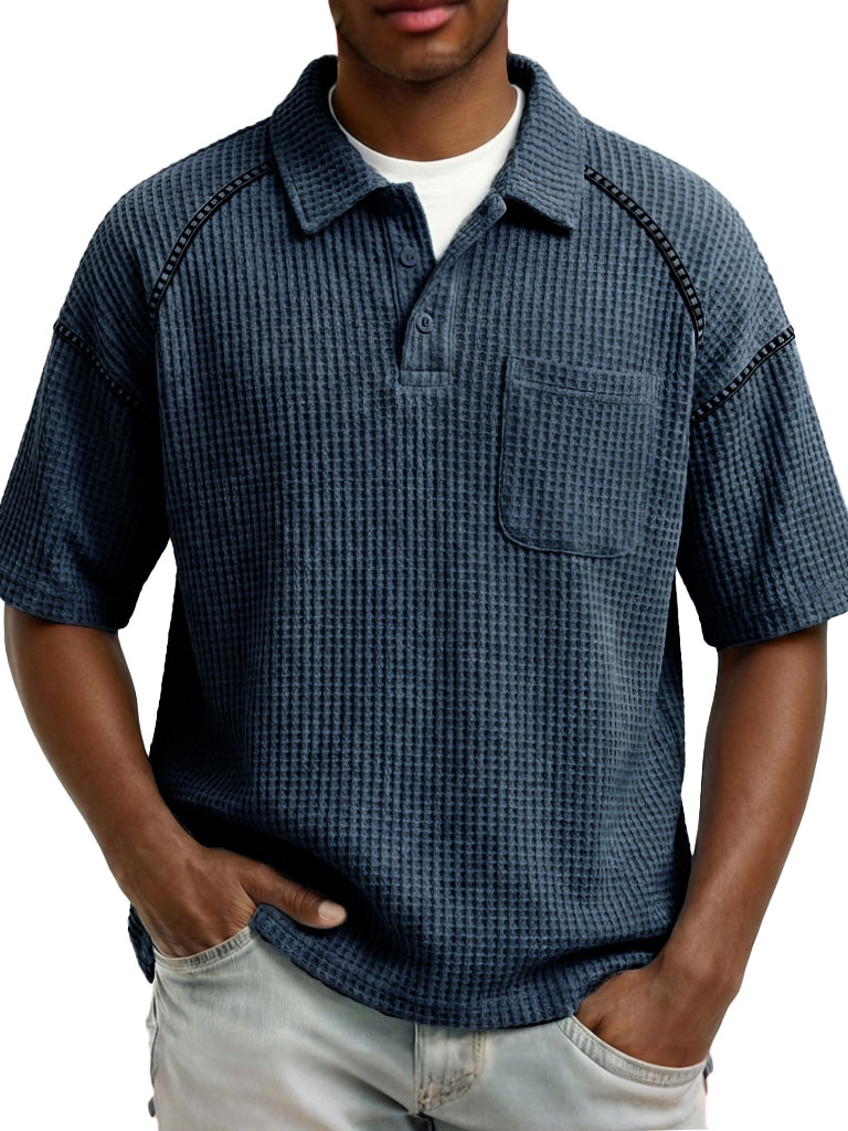 Men's Fashion Retro Raglan Waffle Gown Short-Sleeve Polo Shirt