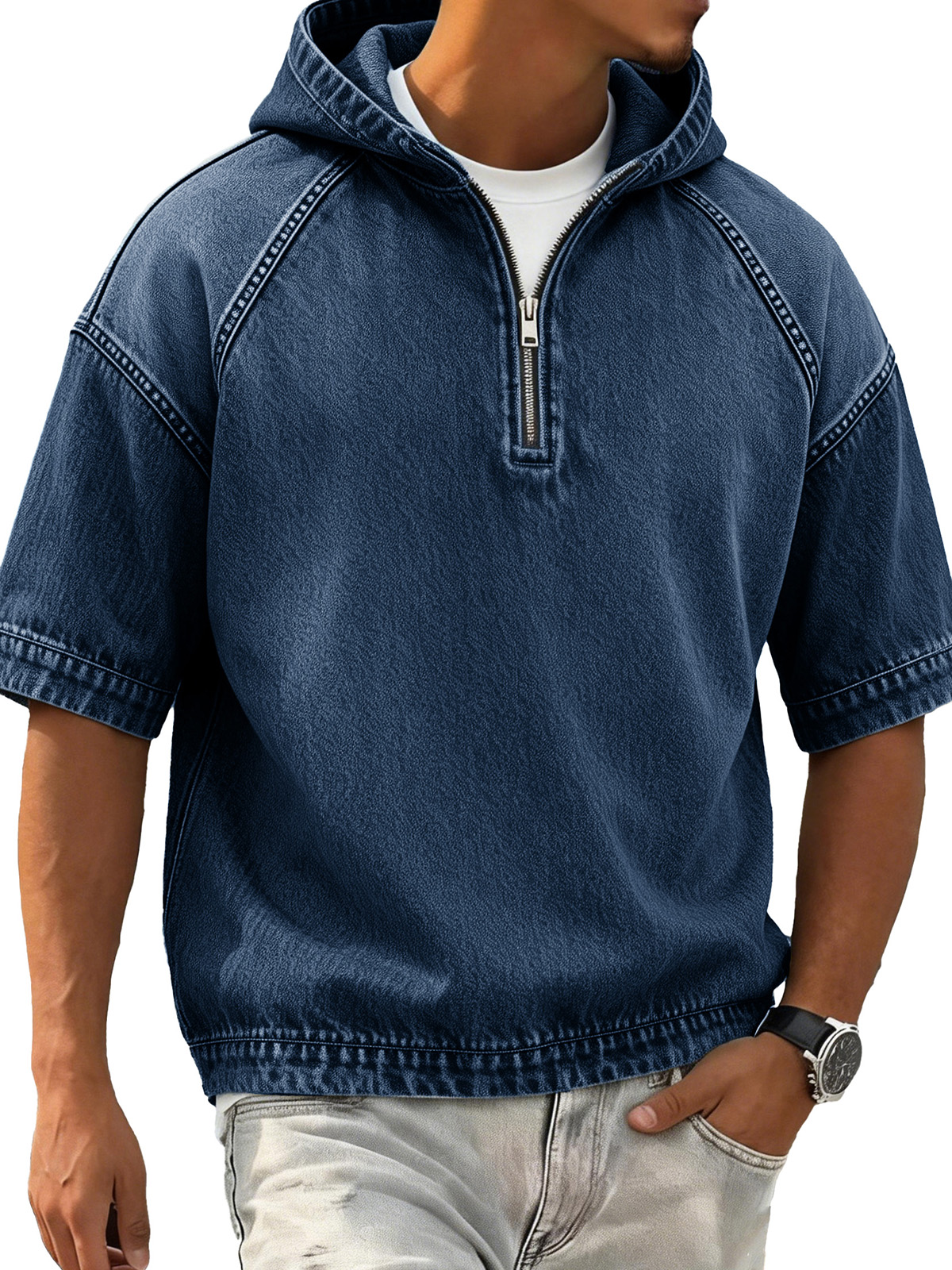 Men's Retro Distressed Raglan Short-Sleeve Sporty Hoodie