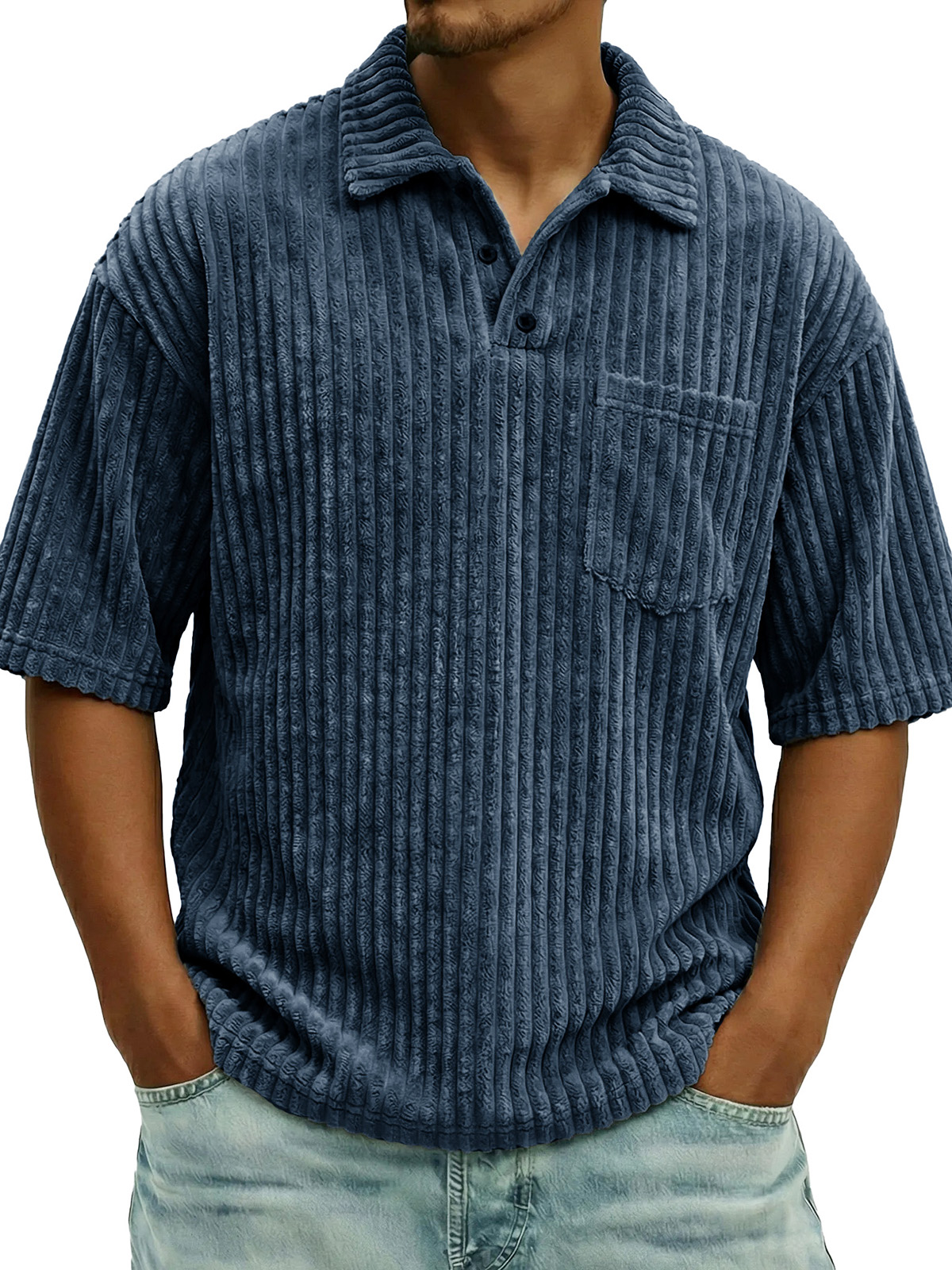 Men's Fashionable Ribbed Pocket Collar Short-Sleeve Polo Shirt