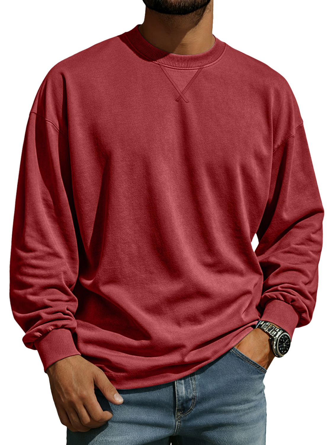 Men's Comfortable Crew Neck Long-sleeved T-shirt With A Crossover Design