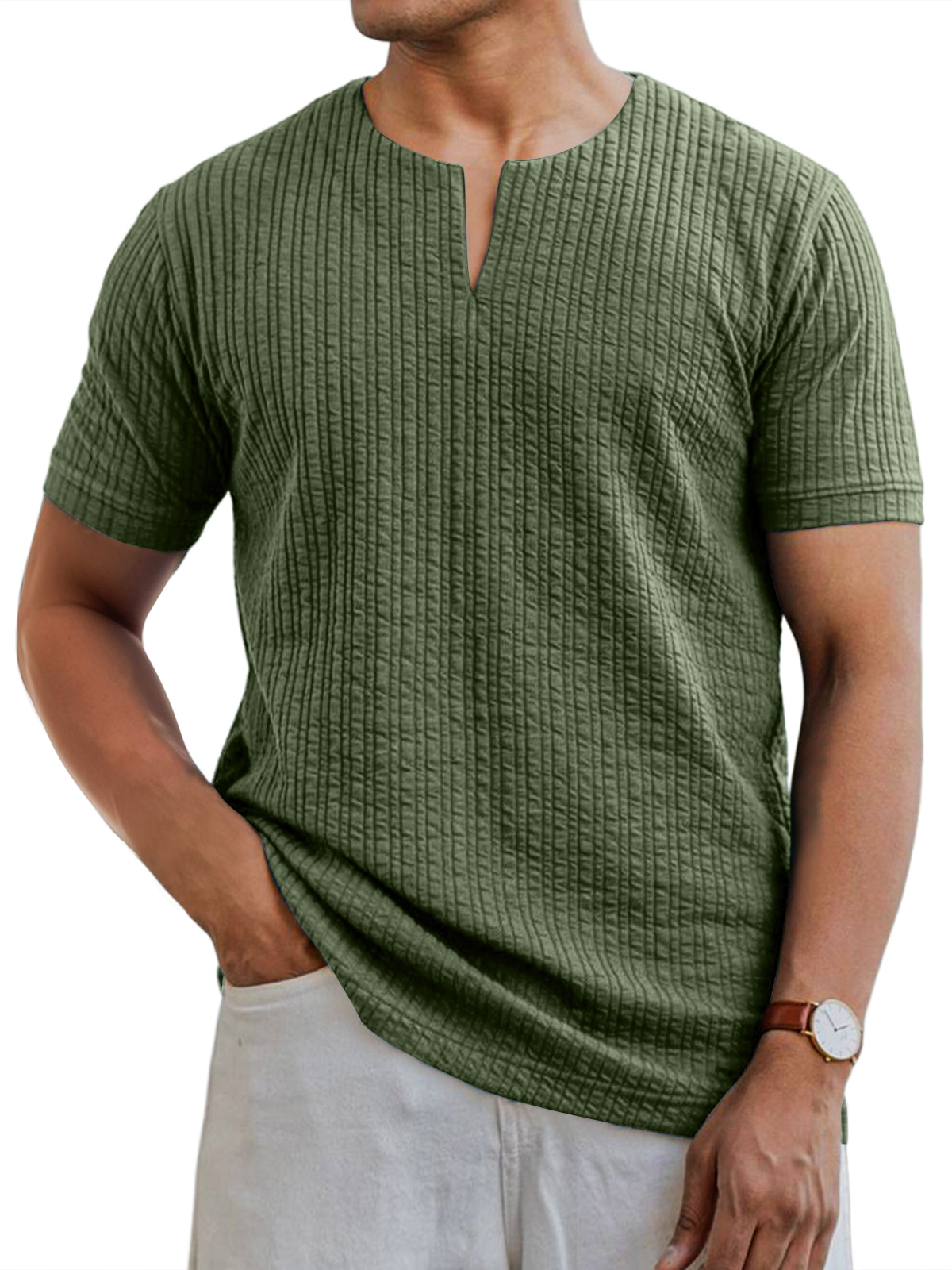Men's Daily V-neck Pit Strip Casual Solid Color Short-sleeved T-shirt