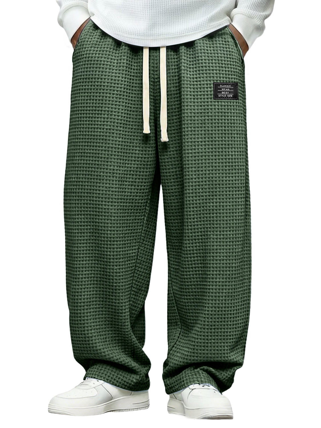 Men's Simple Waffle-knit Casual Loose-fitting Trousers With Embroidered Logo