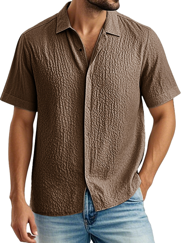 Men's Fashion Casual Pleated Fabric Lapel Short Sleeve Shirt