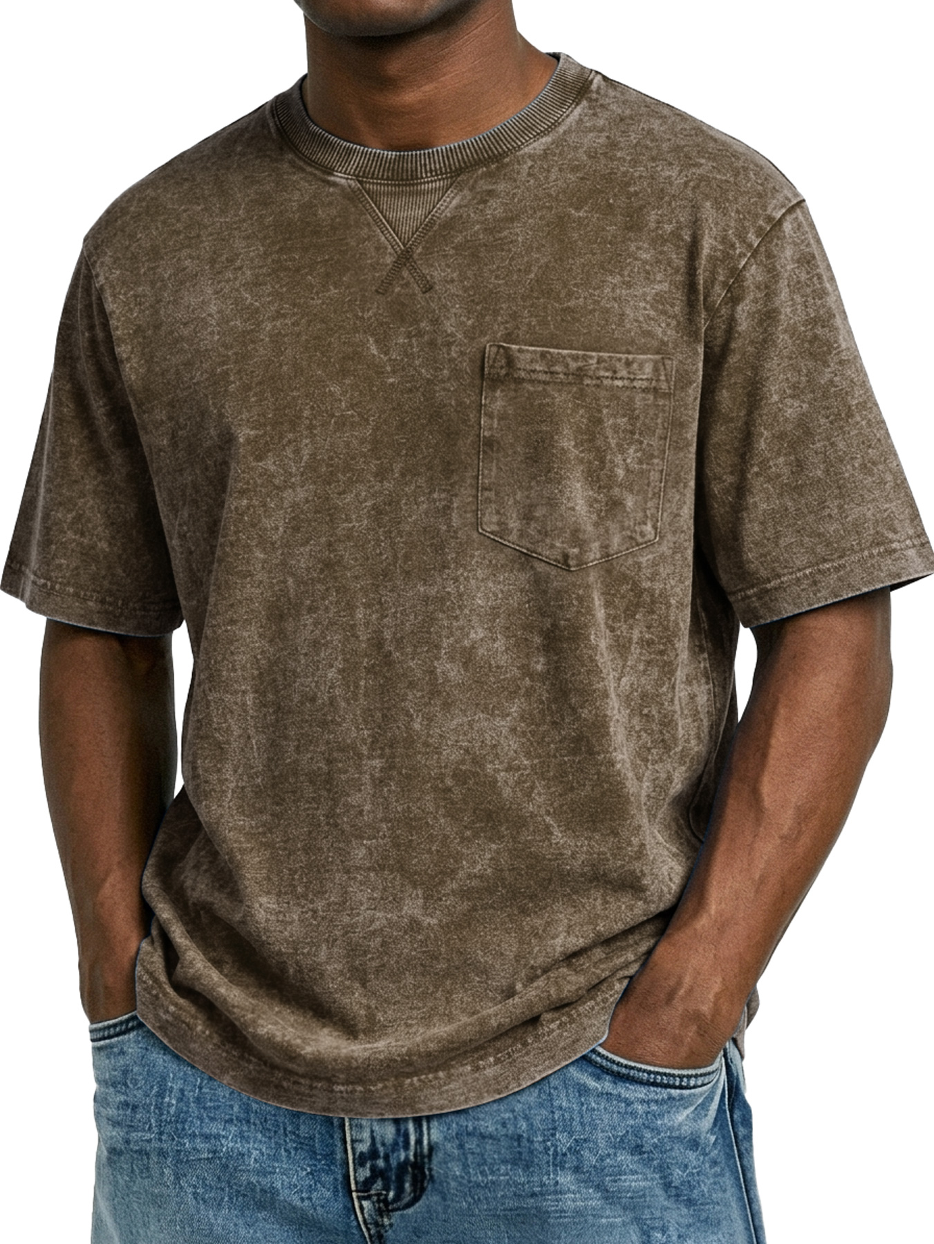 Men's Retro Cross-Strip Design Casual Crew Neck Pocket Short-Sleeve T-Shirt