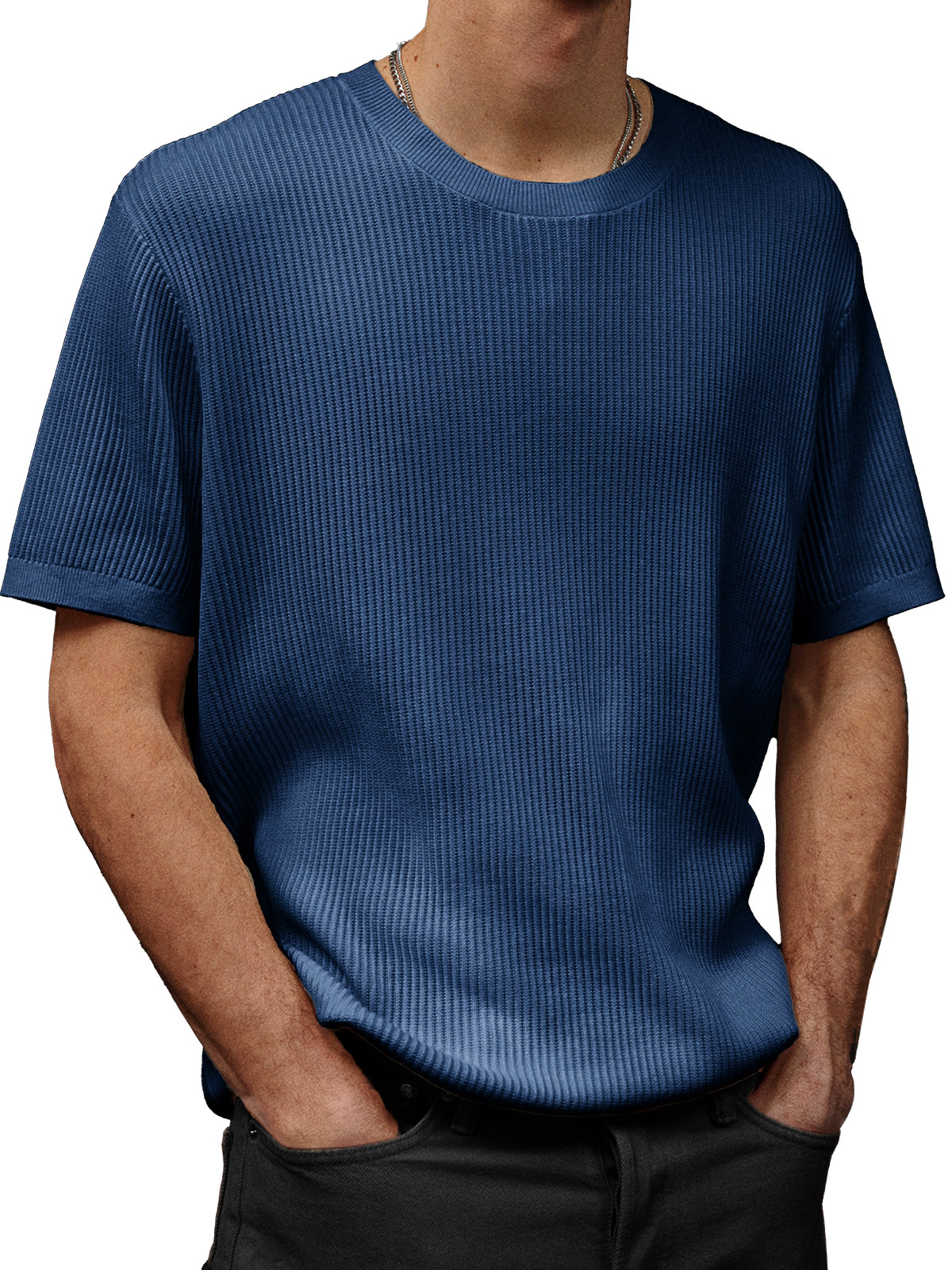 Men's Fashion Casual Waffle Fabric Round Neck Short-sleeved T-shirt