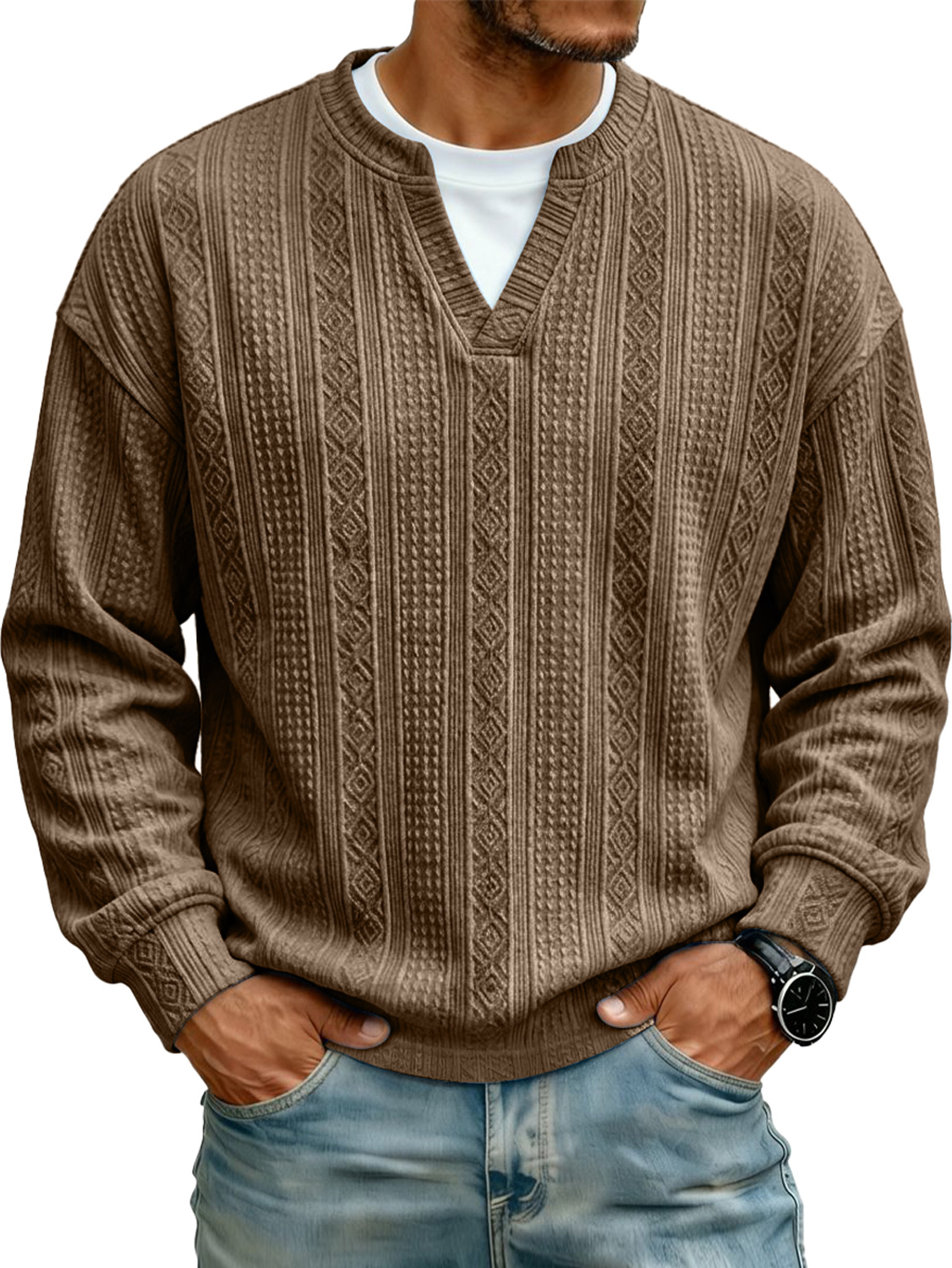 Men's Jacquard Faux Two-piece Casual Long-sleeved T-shi
