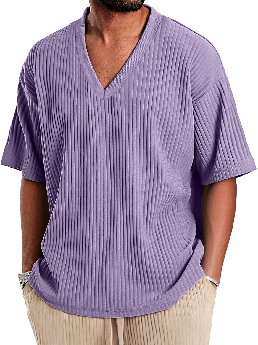 Men's Casual V-neck Ribbed Comfortable Short-sleeved T-shirt