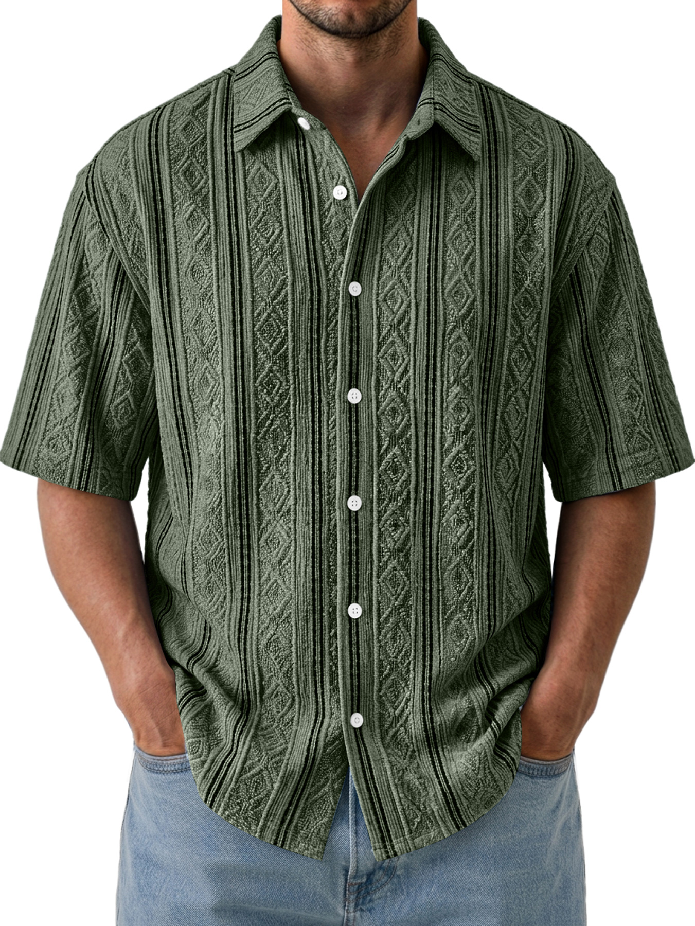 Men's Casual Textured Breathable Collared Short-Sleeve Shirt
