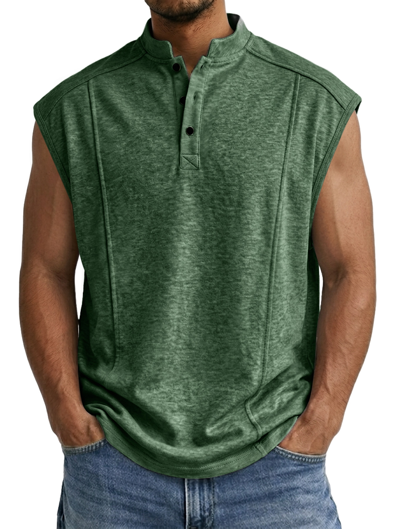 Men's Casual Stand Collar Button Deconstructed Design Solid Color Sleeveless Vest