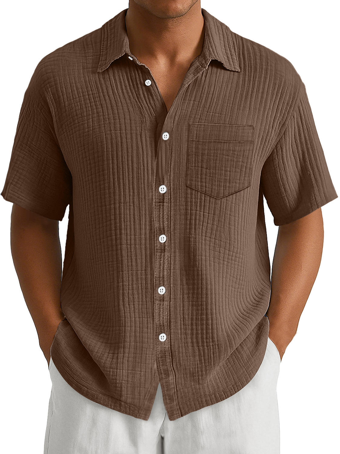 Men's Daily Casual Pleated Pocket Simple And Comfortable Short-Sleeved Shirt