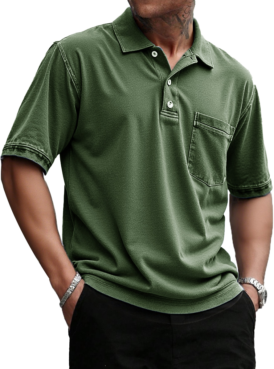 Men's Stylish Retro Pure Cotton Distressed Fabric Pocket Lapel Polo Shirt