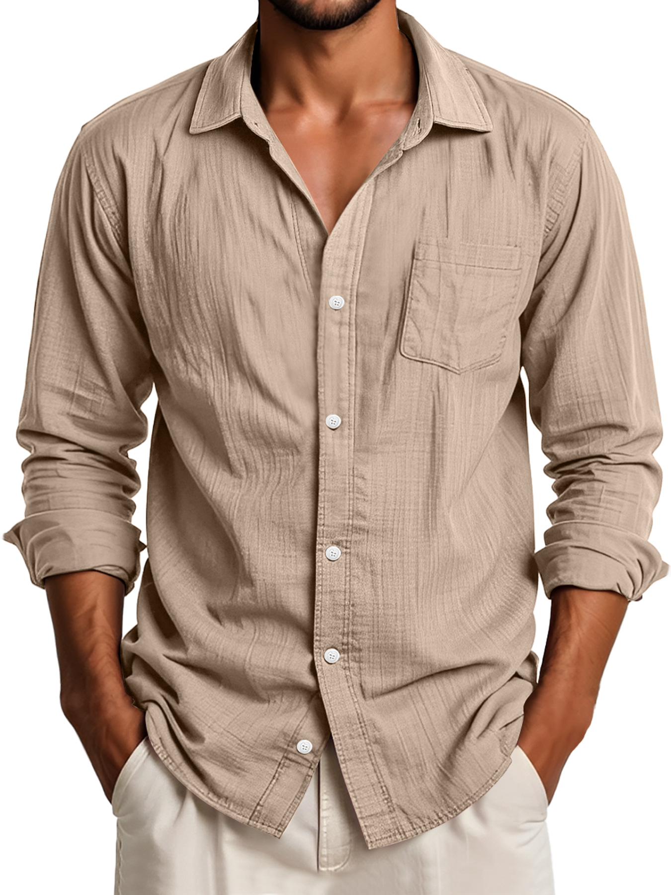 Men's Daily Lapel Pocket Casual Solid Color Long Sleeve Shirt