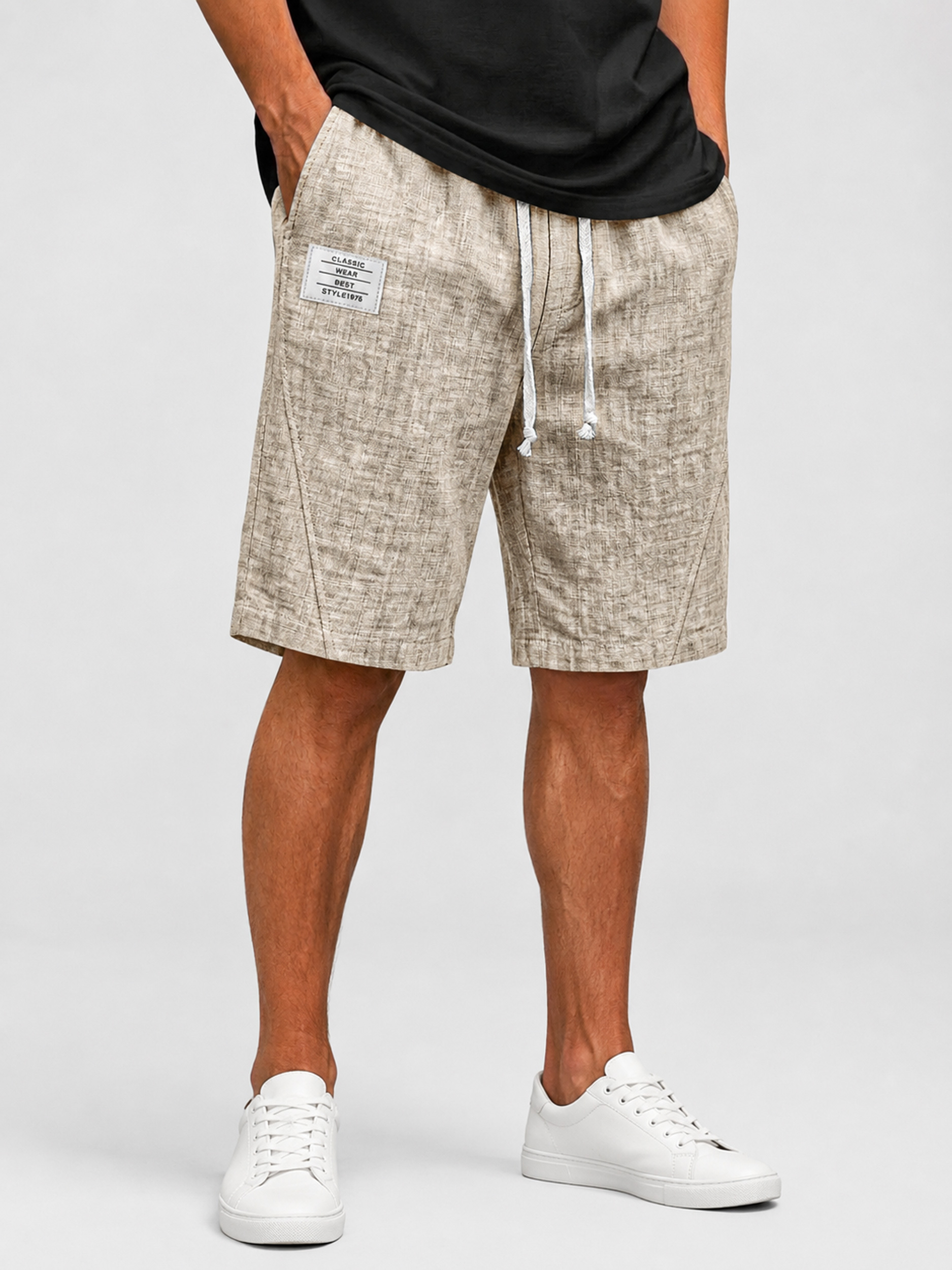 Men's Cotton-Linen Deconstructed Casual Shorts with Embroidered Logo