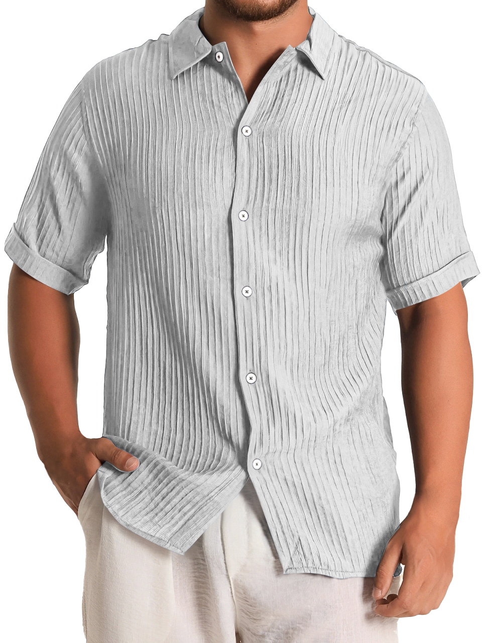 Men's Fashion Daily Pleated Casual Solid Color Short Sleeve Shirt