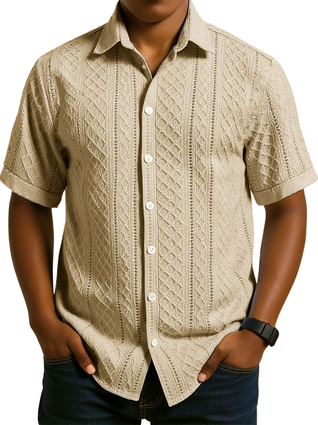 Men's Fashion Casual Jacquard Fabric Lapel Short-sleeved Shirt